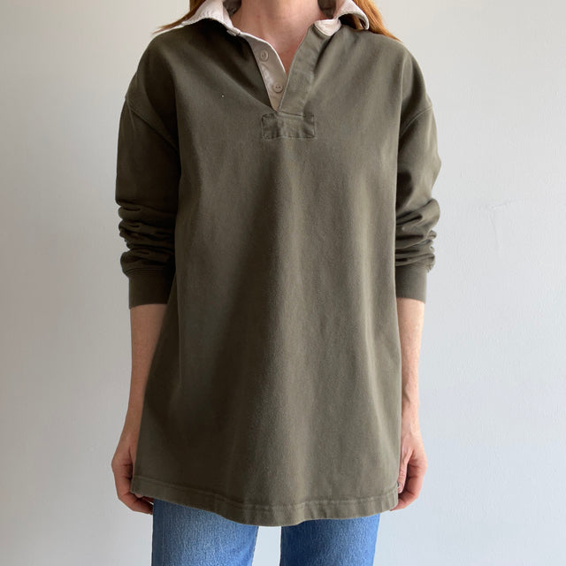 1990/2000s L.L. Bean Olive Green and Natural Heavyweight Cotton Rugby Shirt