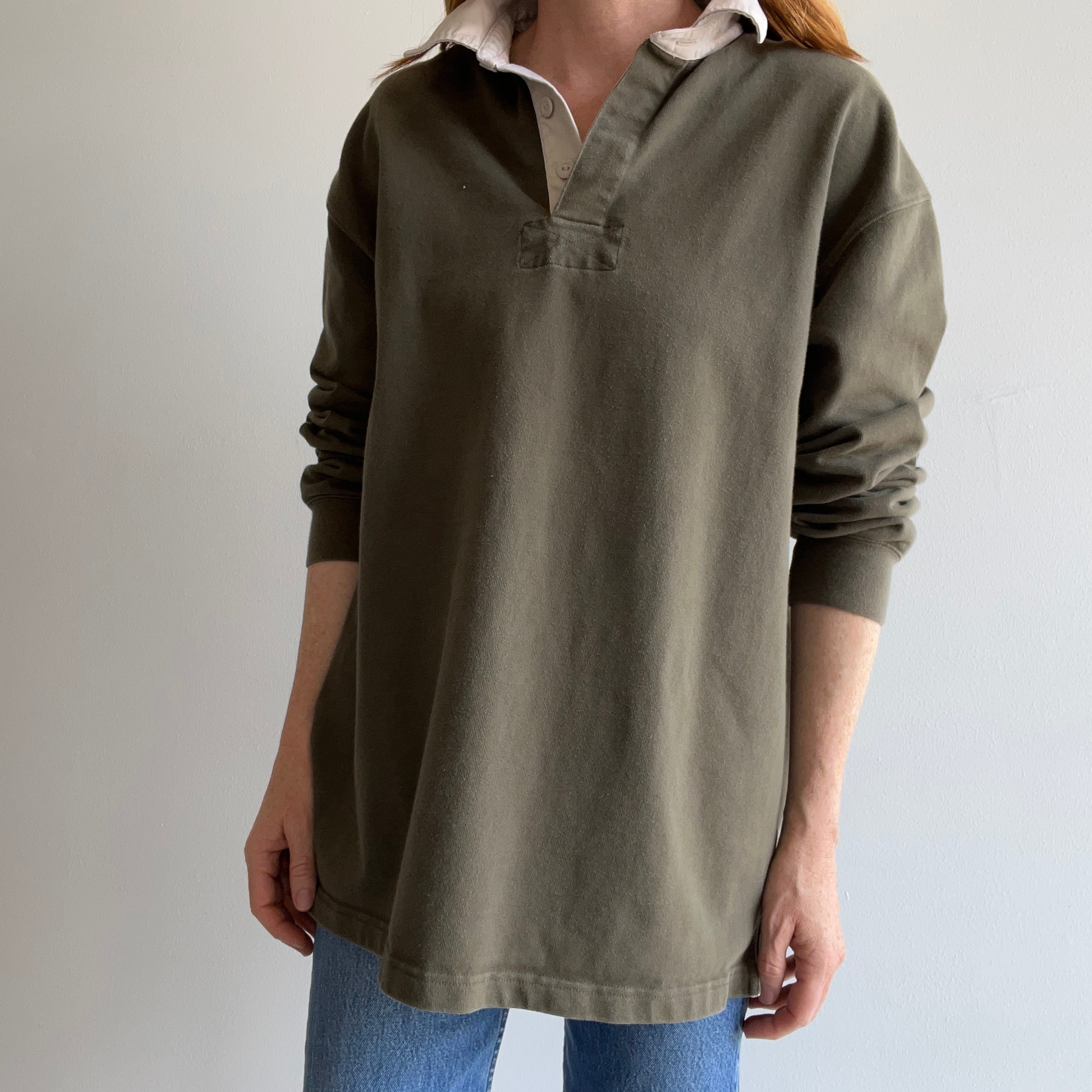 1990/2000s L.L. Bean Olive Green and Natural Heavyweight Cotton Rugby Shirt