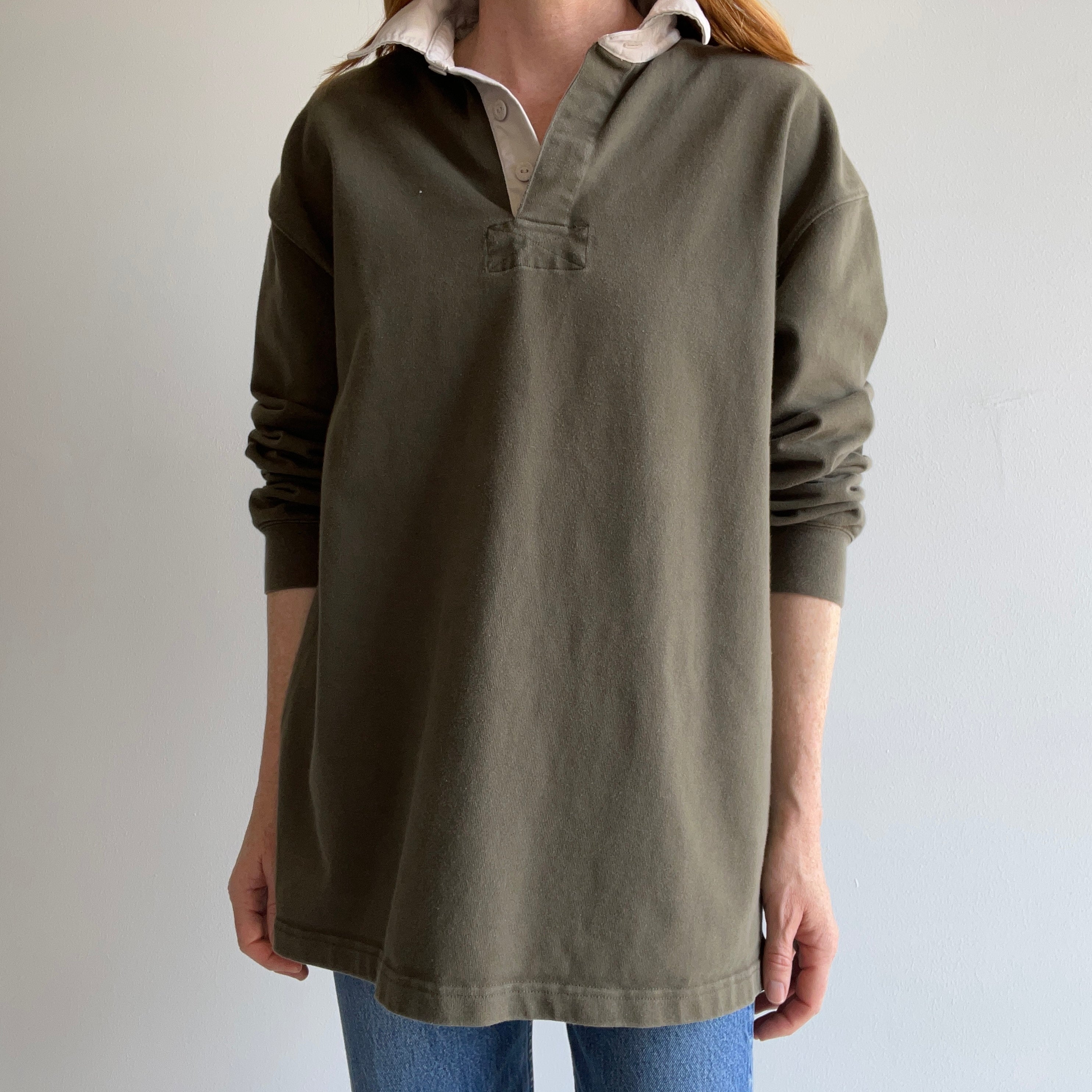 1990/2000s L.L. Bean Olive Green and Natural Heavyweight Cotton Rugby Shirt