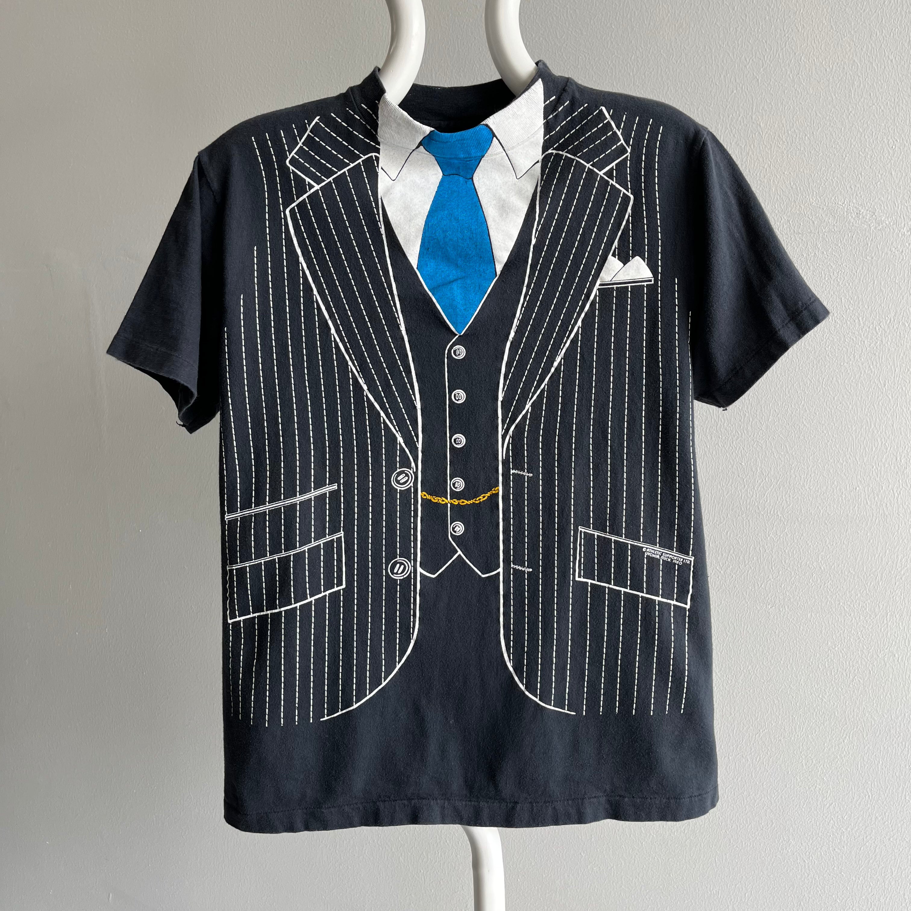 1980 Double Breasted Suit with A Blue Tie and A Mock Neck T-SHirt