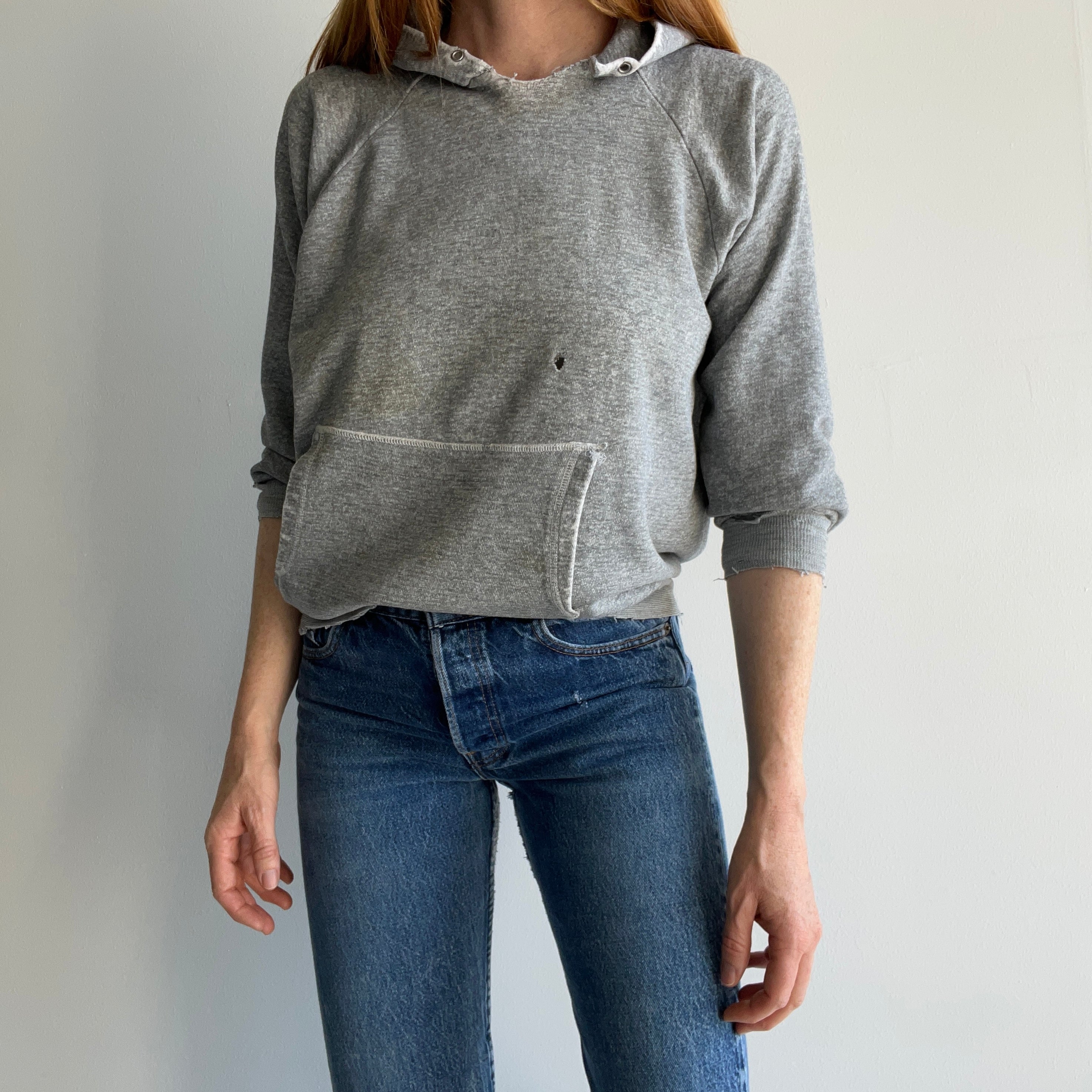 1970s Small Shredded and Stained Blank Gray Hoodie