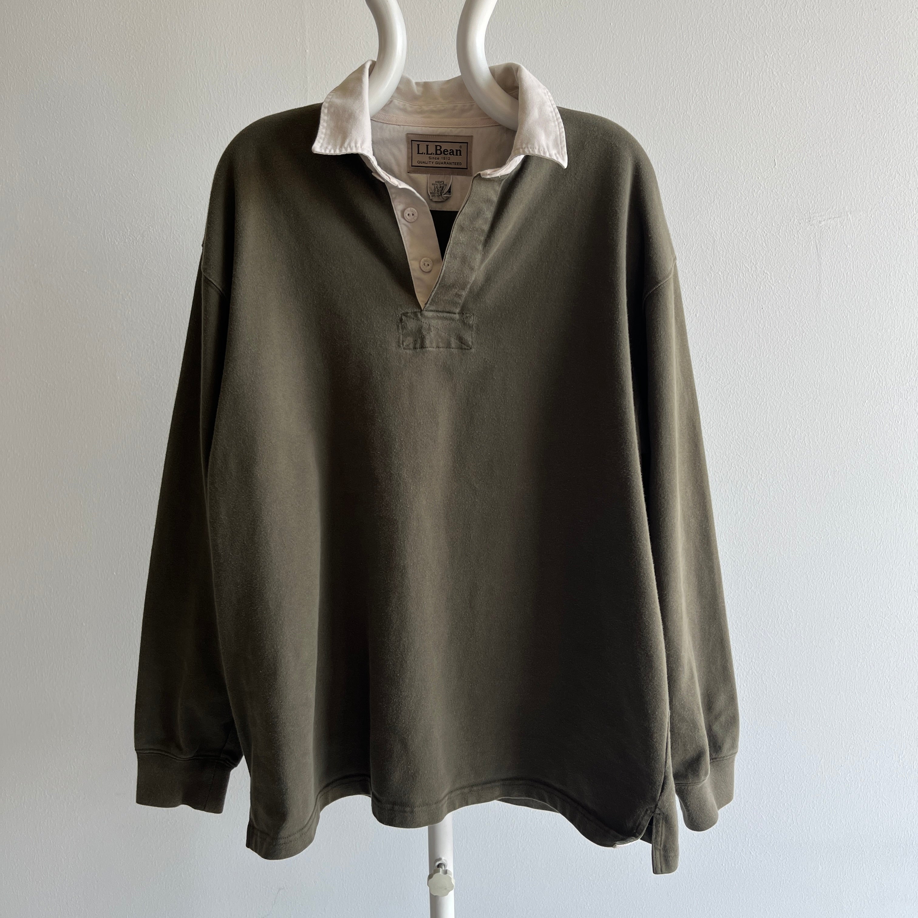 1990/2000s L.L. Bean Olive Green and Natural Heavyweight Cotton Rugby Shirt