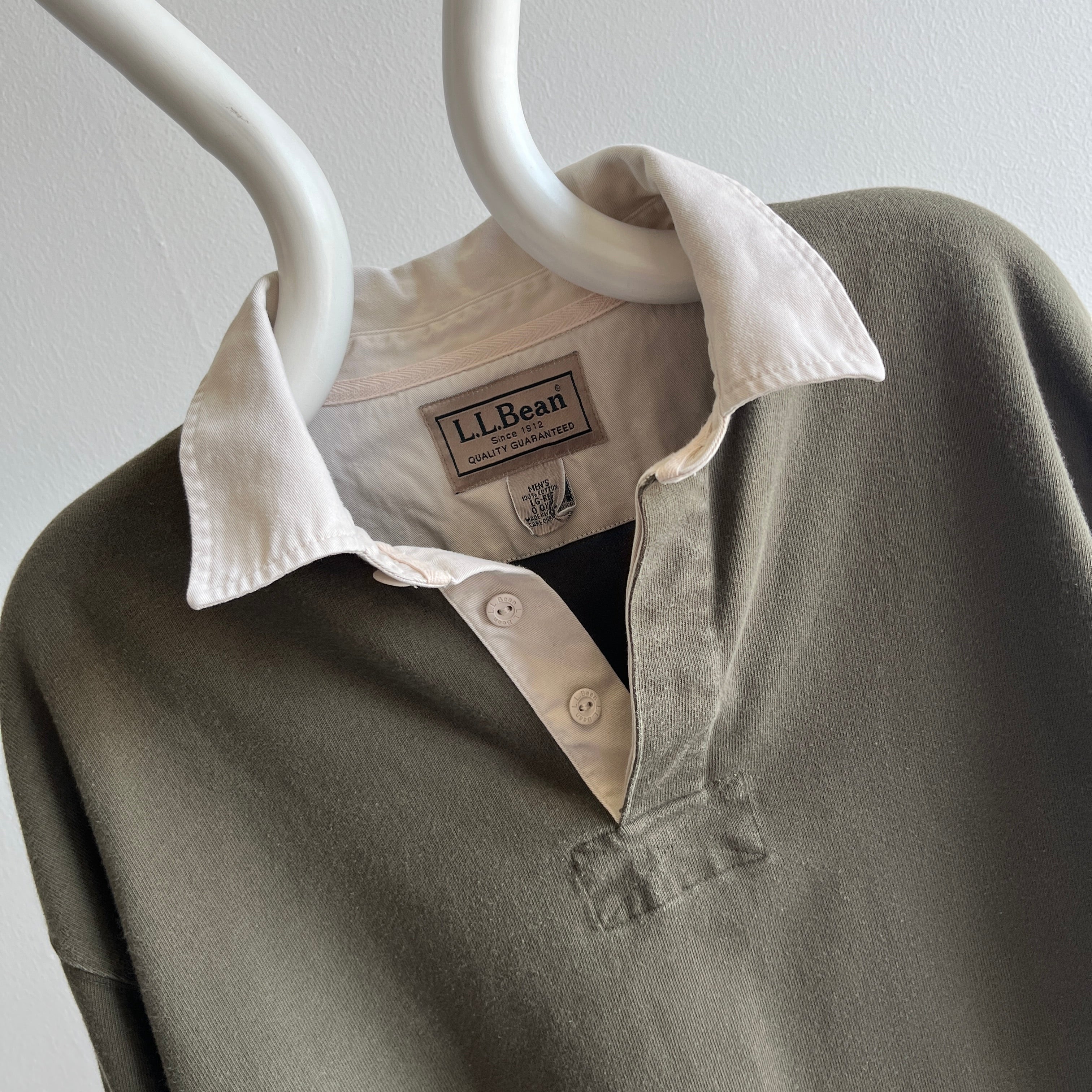 1990/2000s L.L. Bean Olive Green and Natural Heavyweight Cotton Rugby Shirt