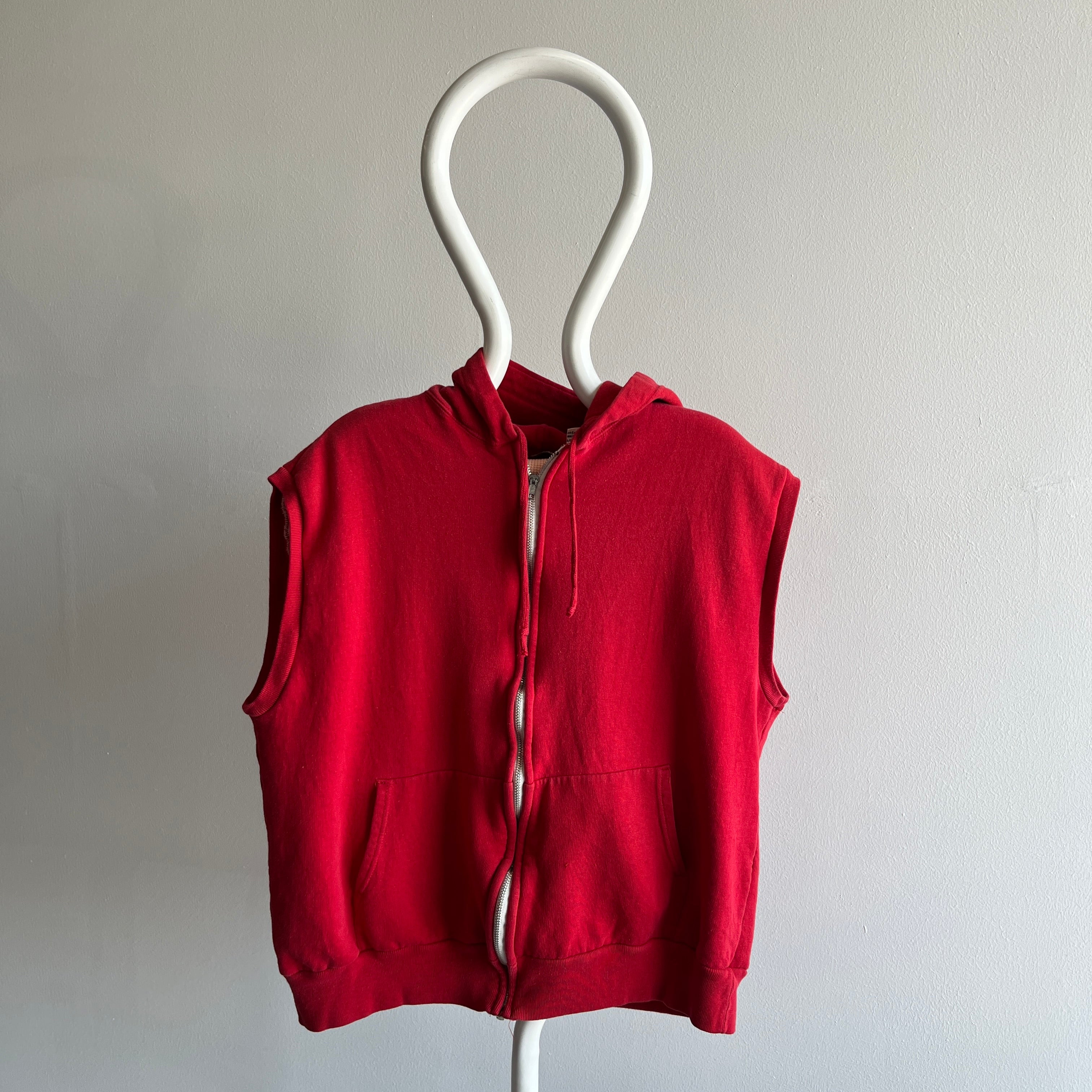 1980s Sleeveless Insulated Zip Up Red Hoodie - WOAH