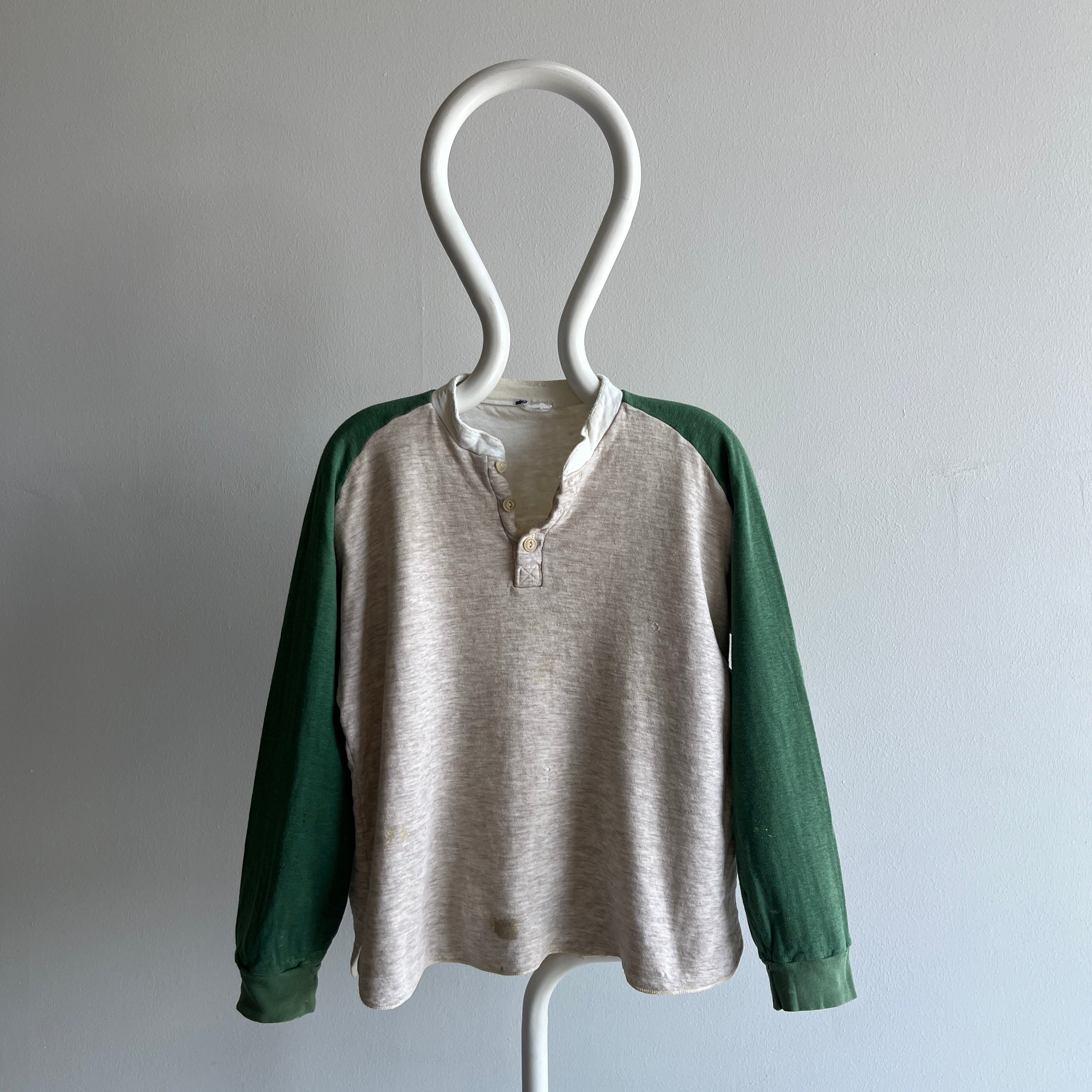 1970s Extremely Paint and Other Stained Worn Duofold Rad Henley Thermal