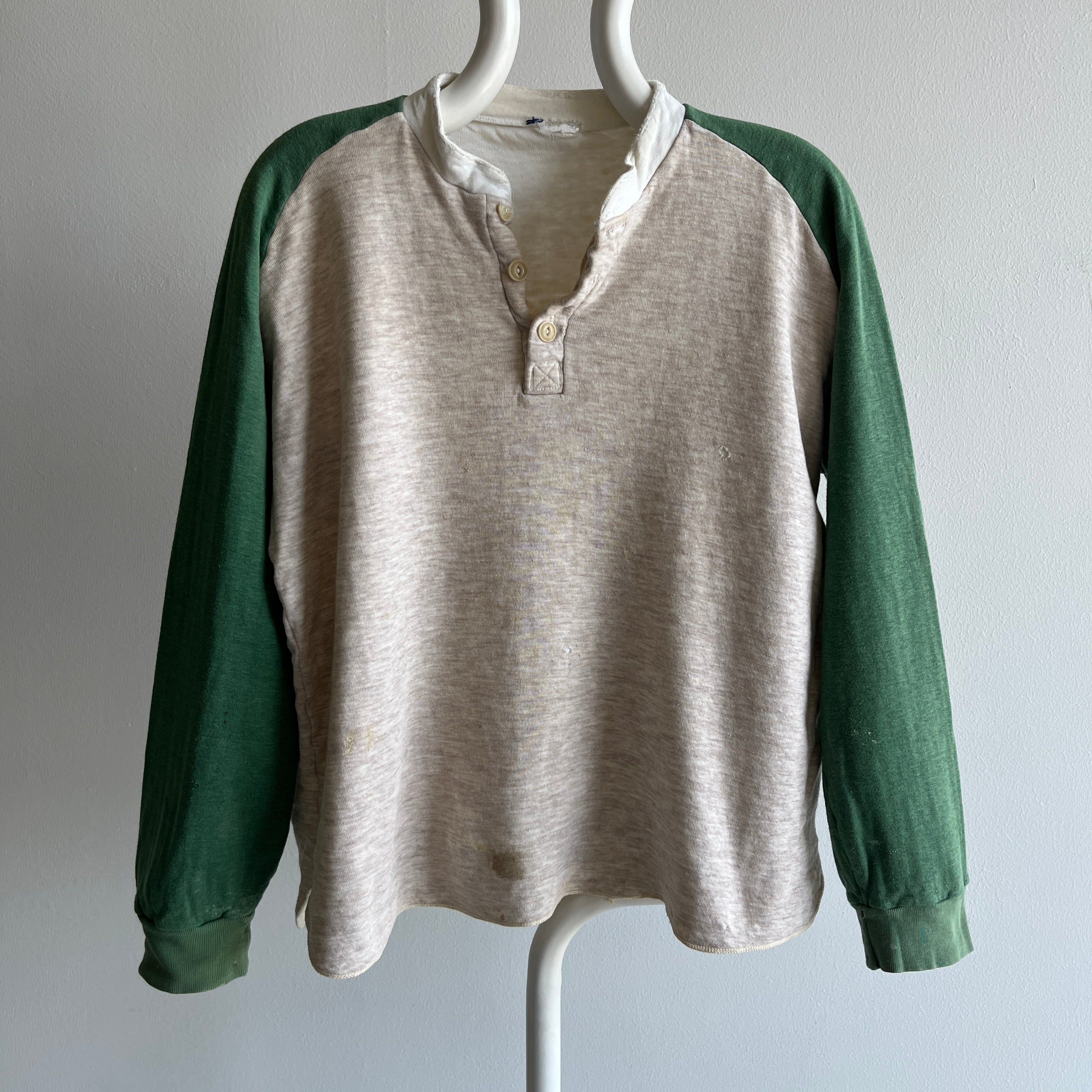 1970s Extremely Paint and Other Stained Worn Duofold Rad Henley Thermal