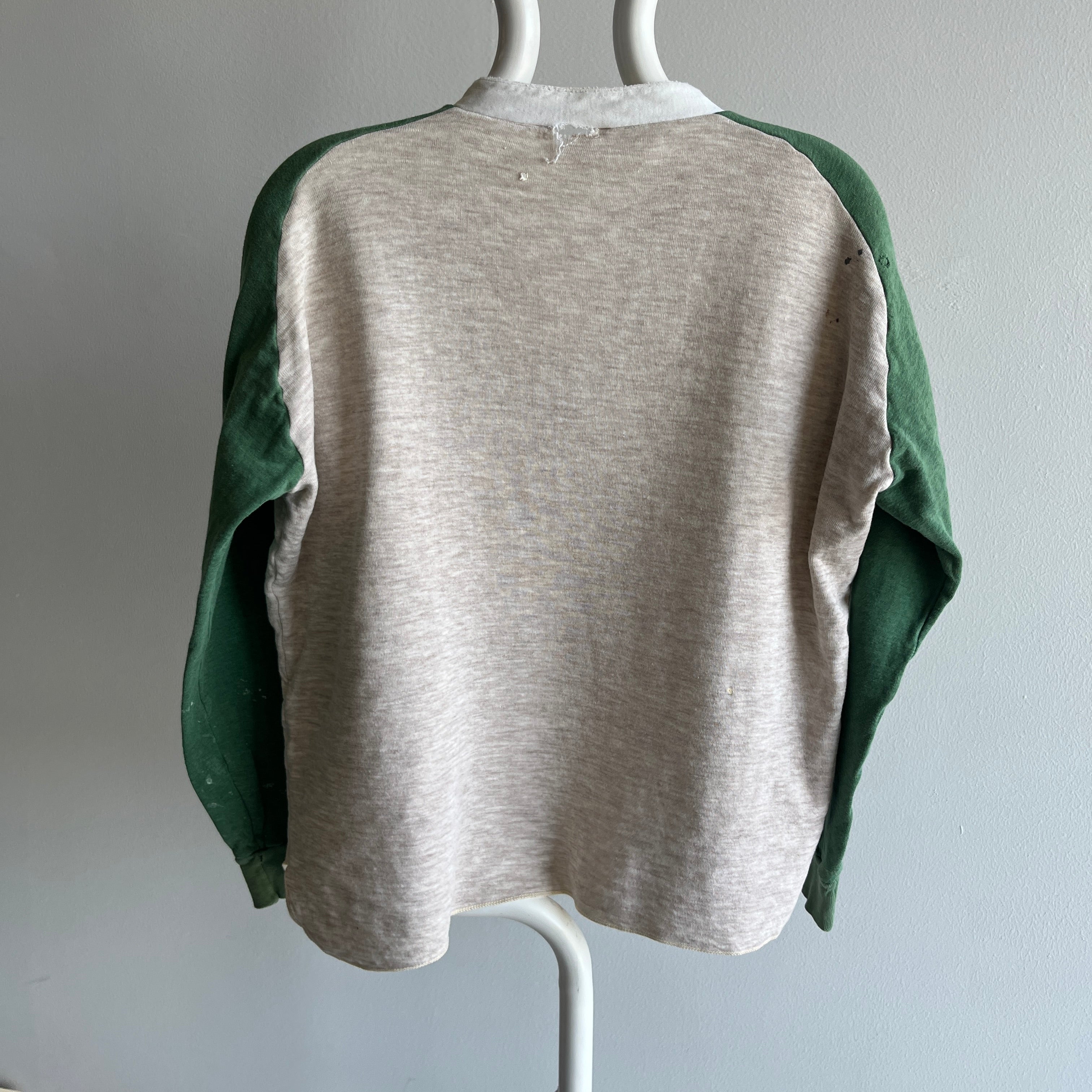 1970s Extremely Paint and Other Stained Worn Duofold Rad Henley Thermal