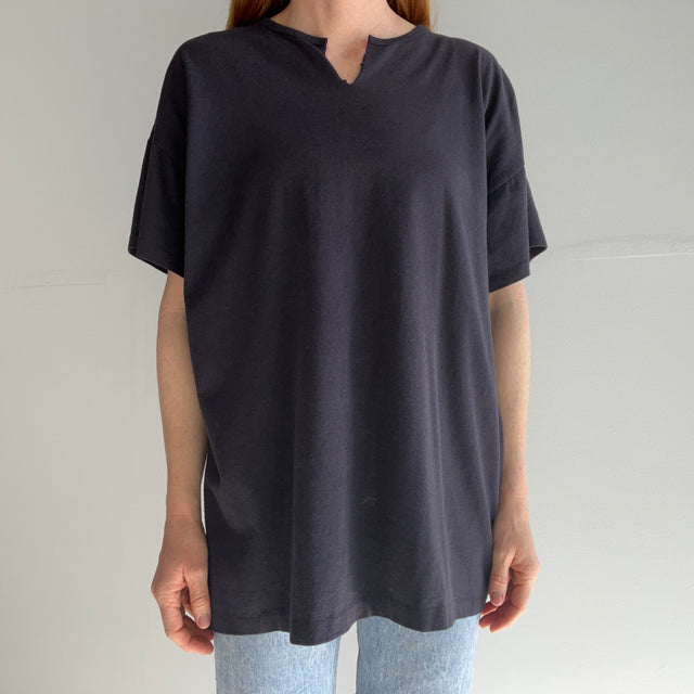 1990s Faded Slouchy Cut Neck Blank Black T-Shirt - Made in Canada