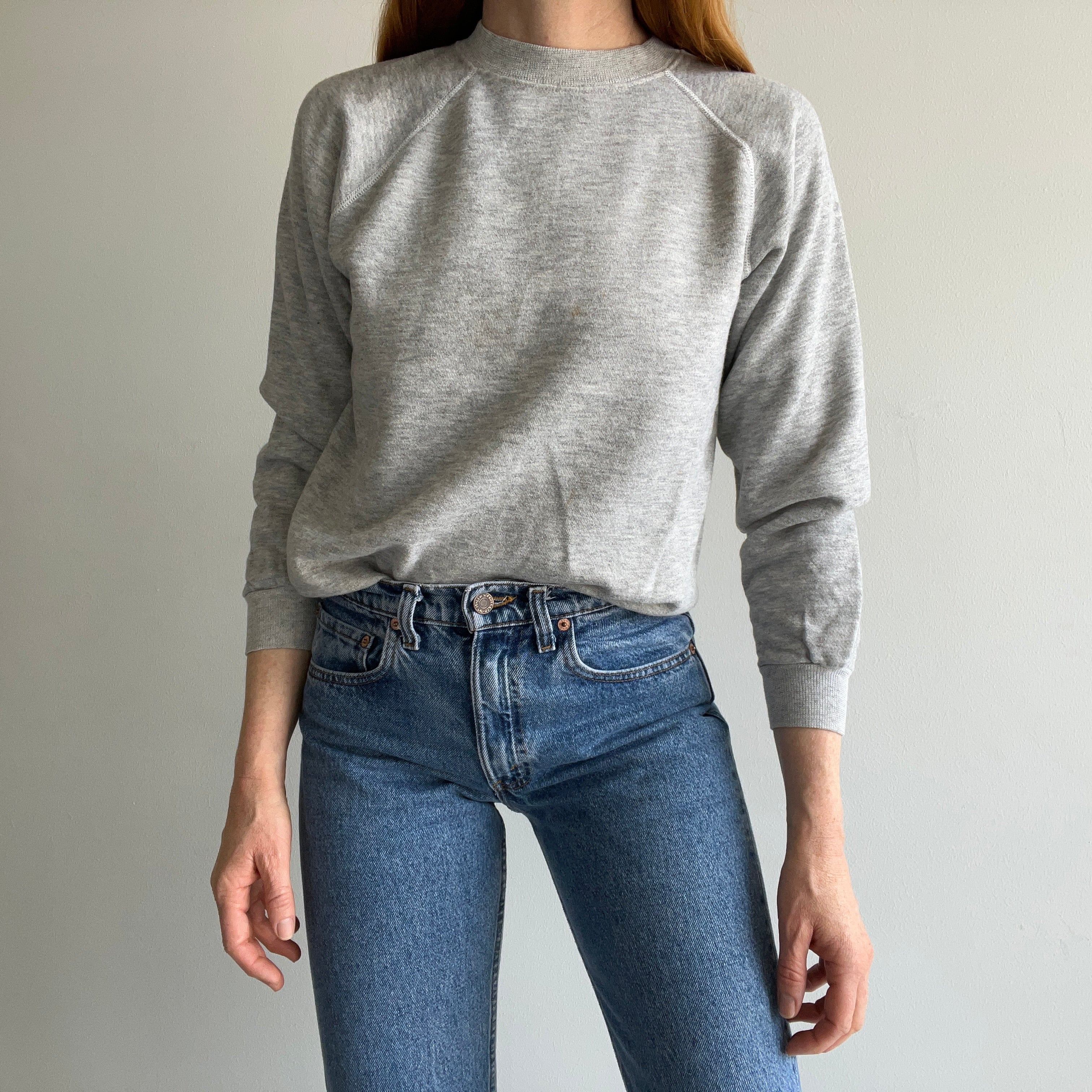1980s Blank Gray Hanes Raglan with Contrast Stitching and Faint Rust Staining