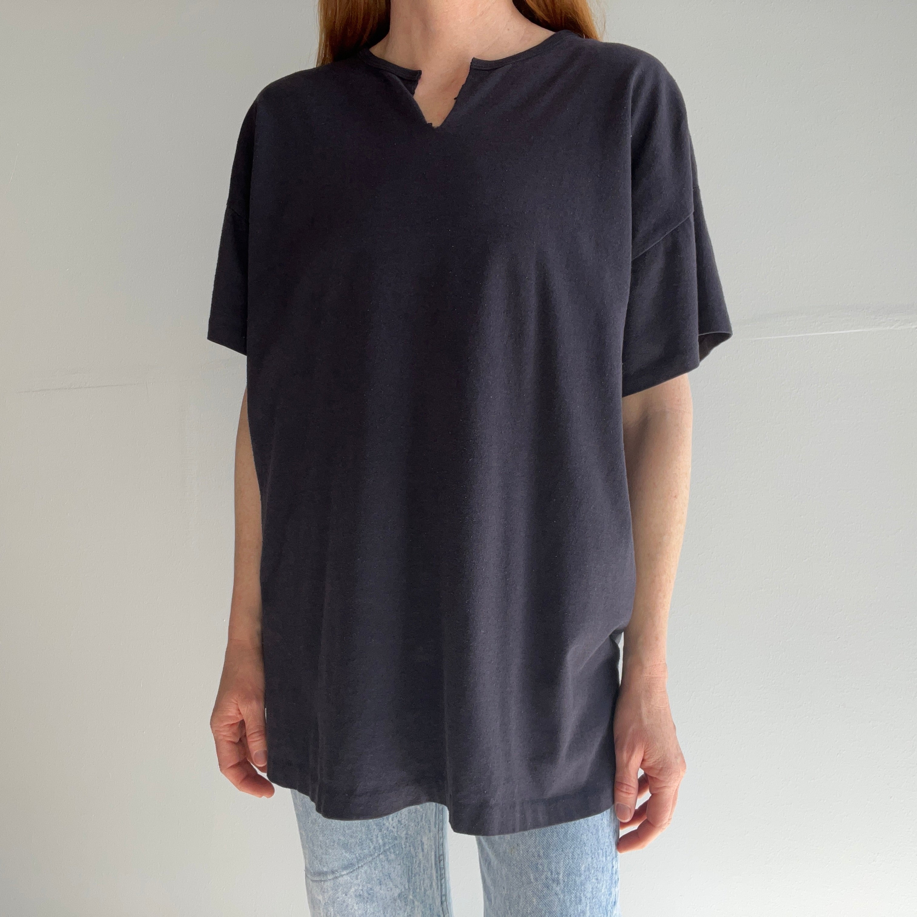 1990s Faded Slouchy Cut Neck Blank Black T-Shirt - Made in Canada