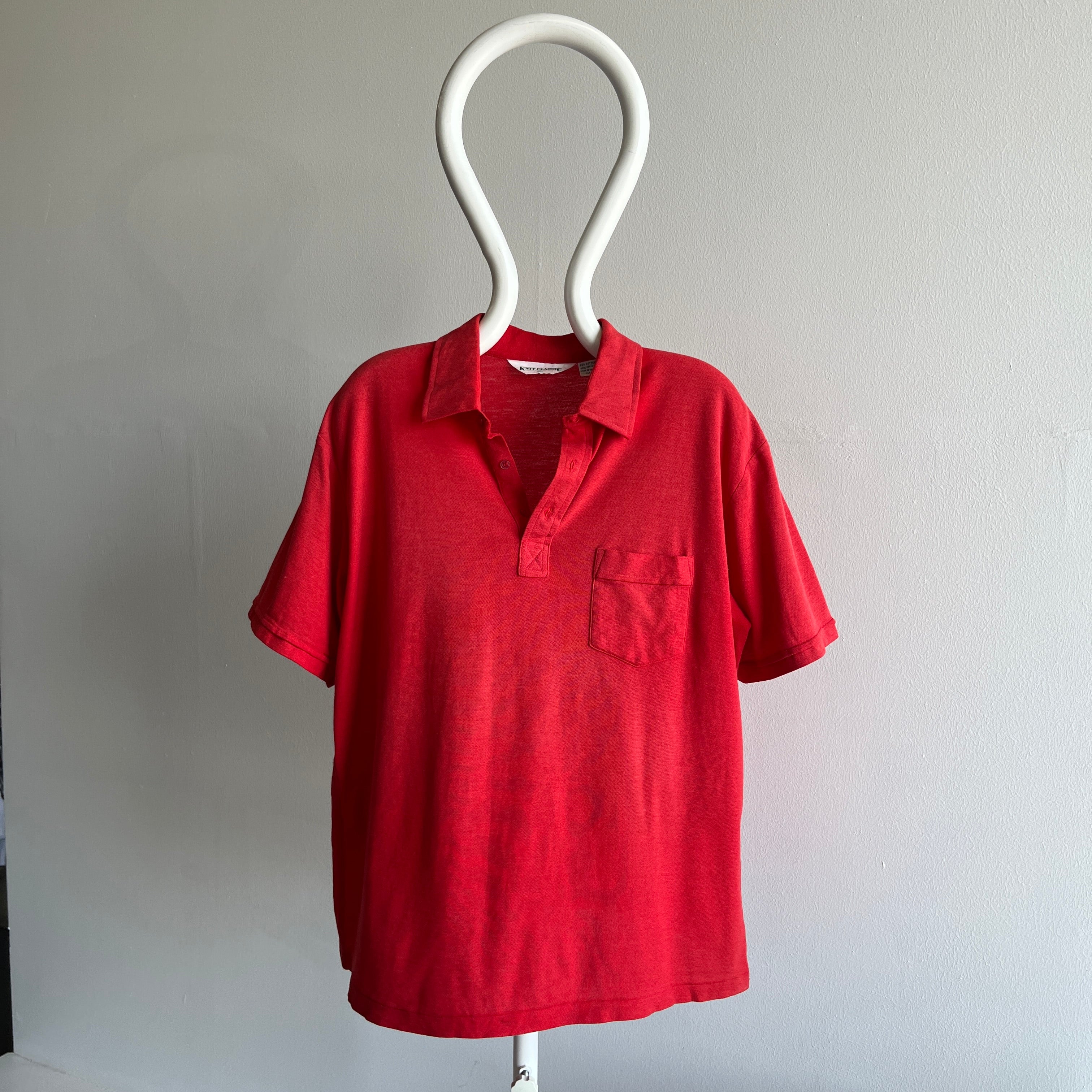 1980s Sun Faded Red Golf Polo Shirt with a Single Pocket