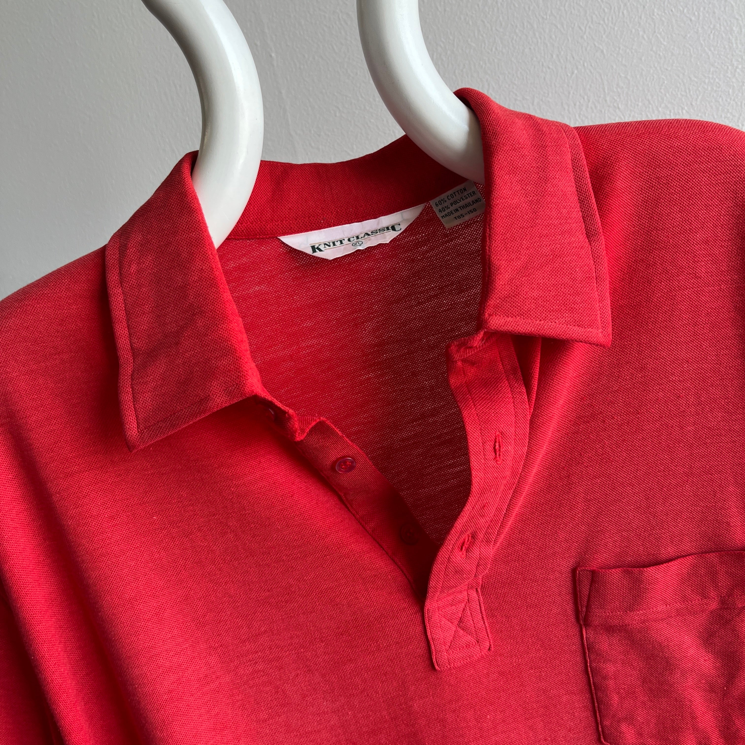 1980s Sun Faded Red Golf Polo Shirt with a Single Pocket