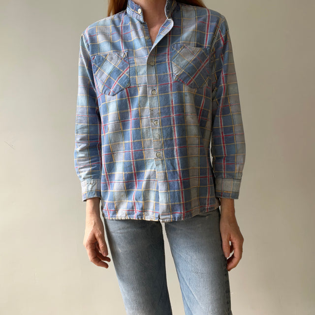 1980s Light Blue Thrashed Flannel