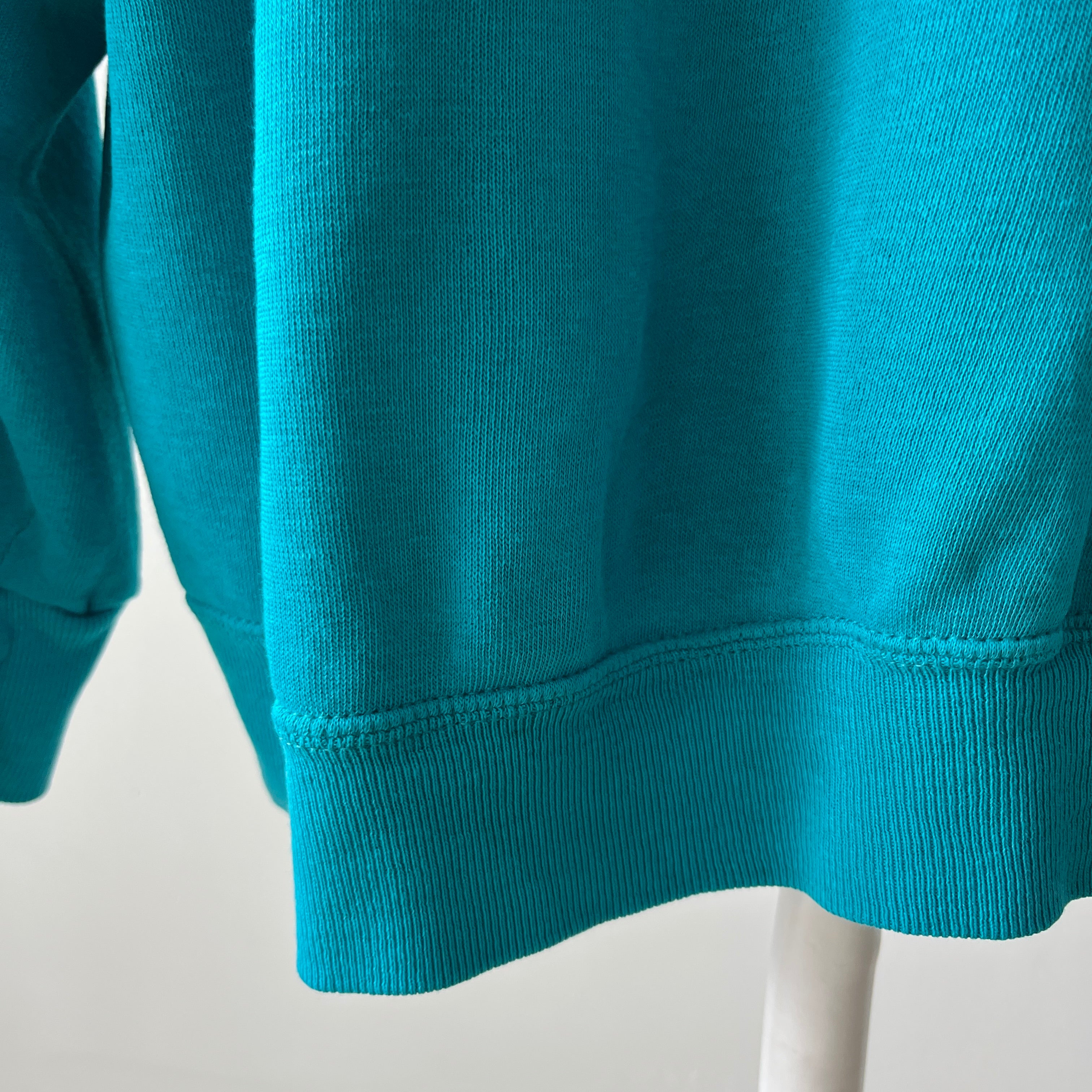 1980s Turquoise Super Thinned Out and Slouchy Blank Raglan by Bassett Walker