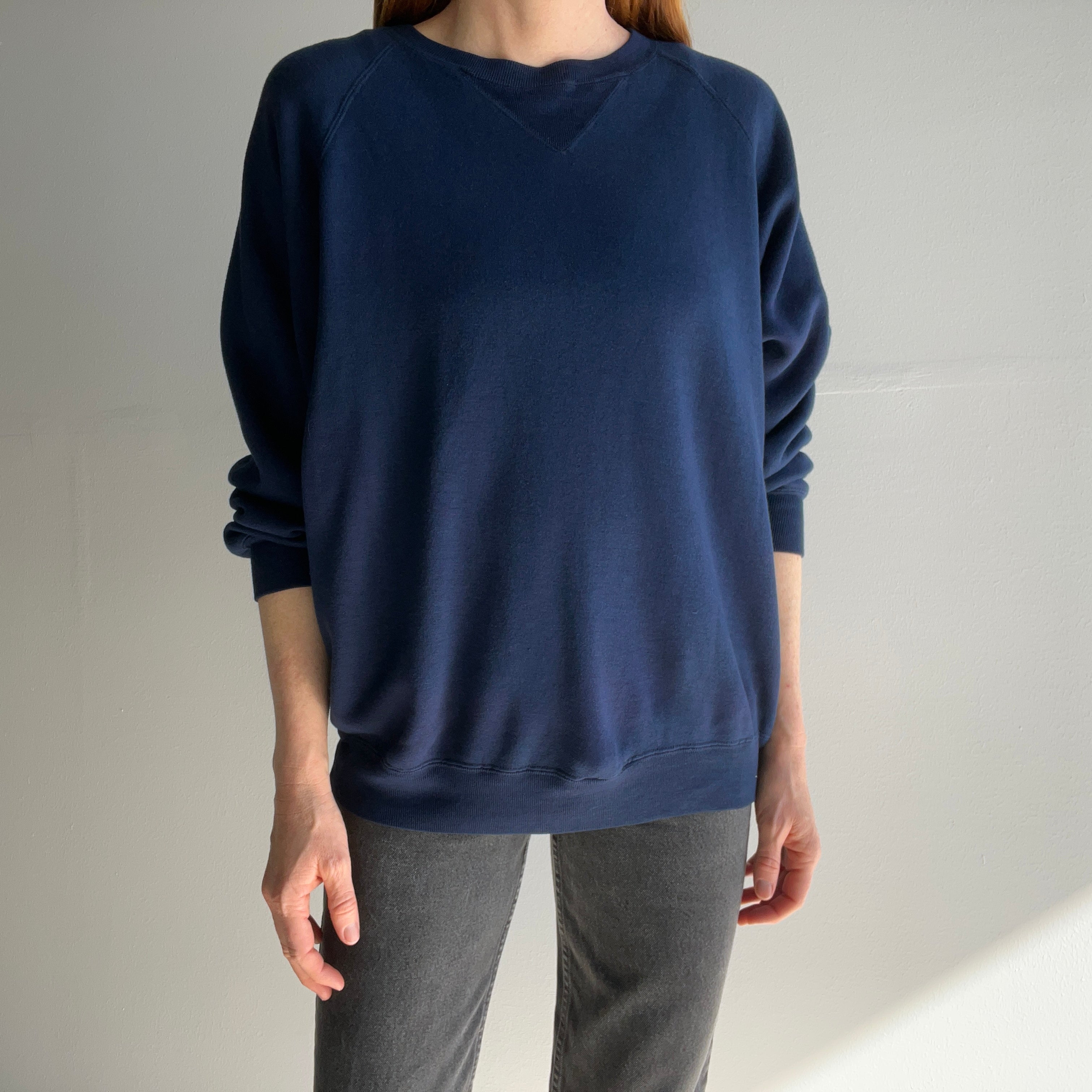 1970s Deep Navy Single V Super Soft Acrylic Sweatshirt