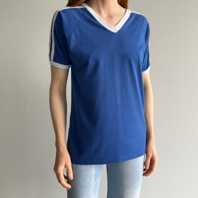 1970/80s Royal Blue and White V-Neck Triple Stripe T-Shirt