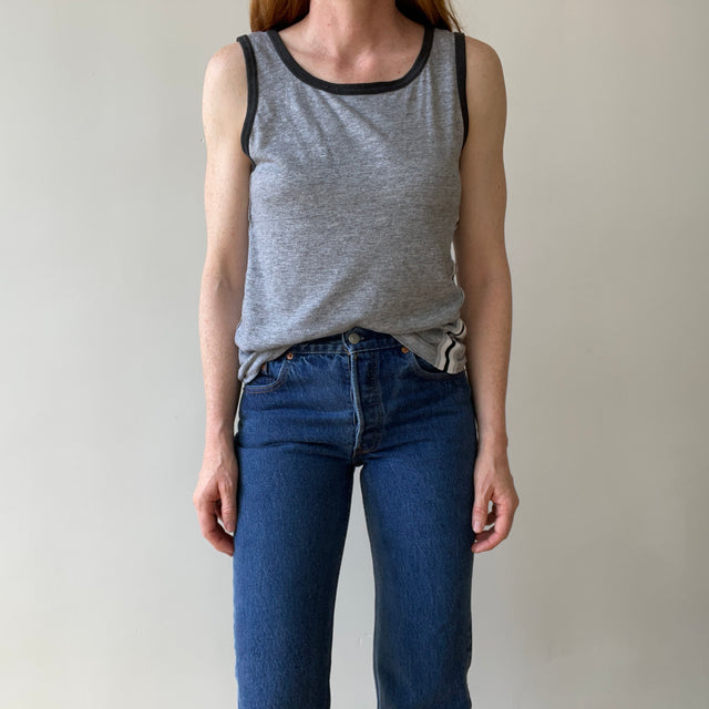 1980s Grey Ringer Tank Top with Side Racing Stripes