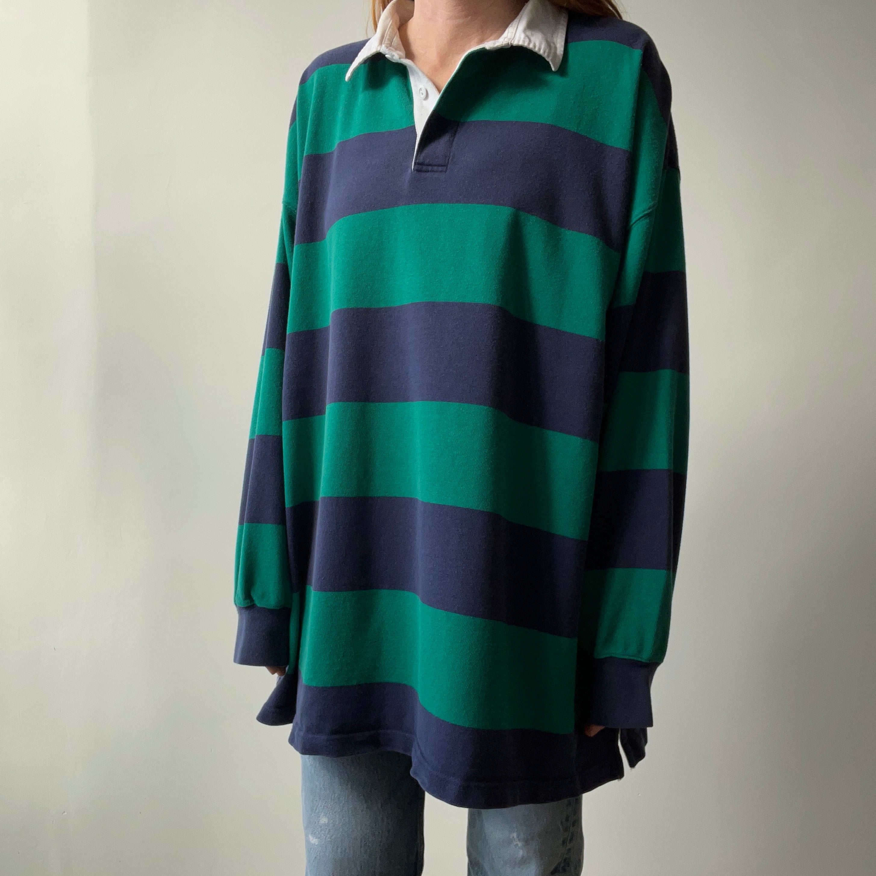 1980/90s Larger Soft and Slouchy Navy and Teal Rugby Shirt