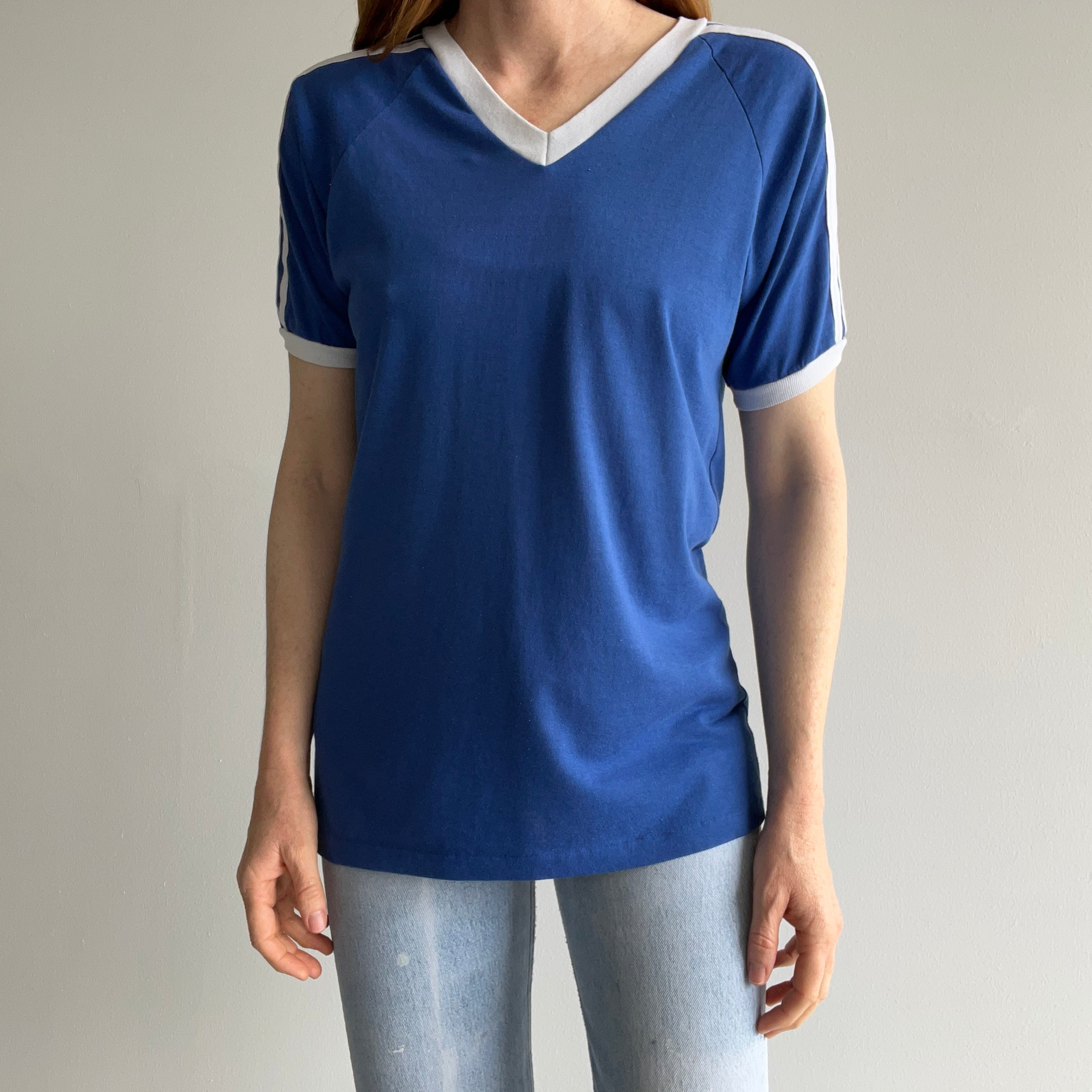 1970/80s Royal Blue and White V-Neck Triple Stripe T-Shirt