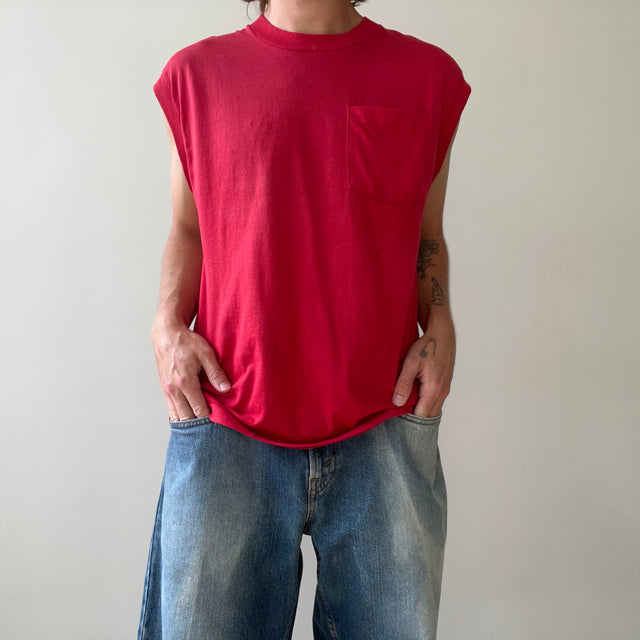 1990s Blank Faded Red Pocket Muscle T Shirt