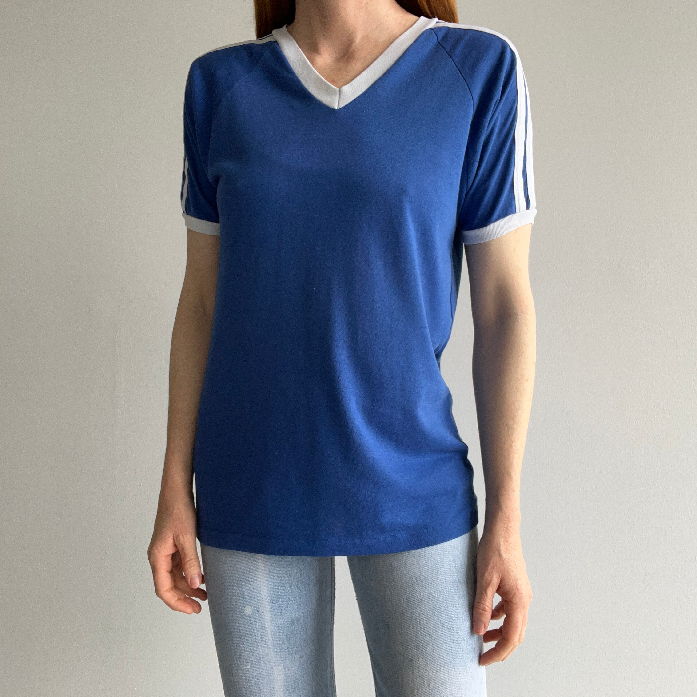 1970/80s Royal Blue and White V-Neck Triple Stripe T-Shirt