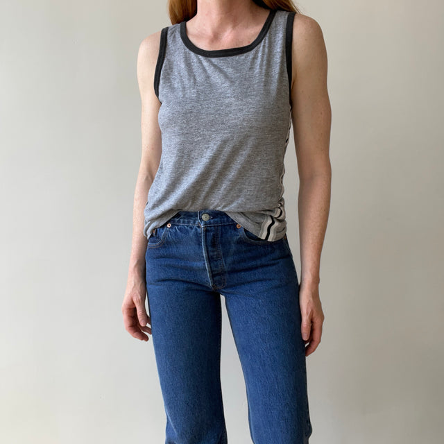 1980s Grey Ringer Tank Top with Side Racing Stripes