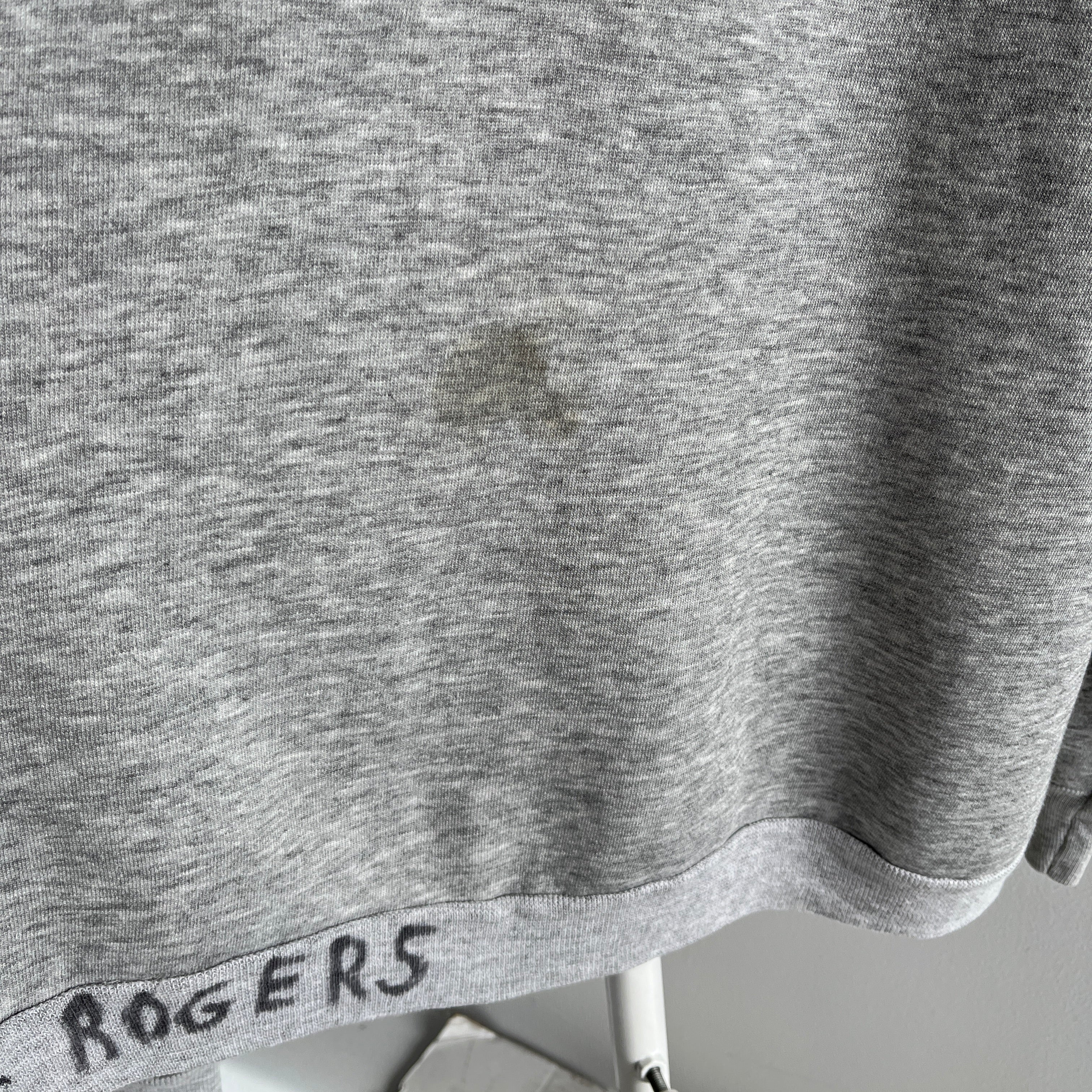 1980s Blank Gray Raglan with Sharpie on the Back Hem + Staining