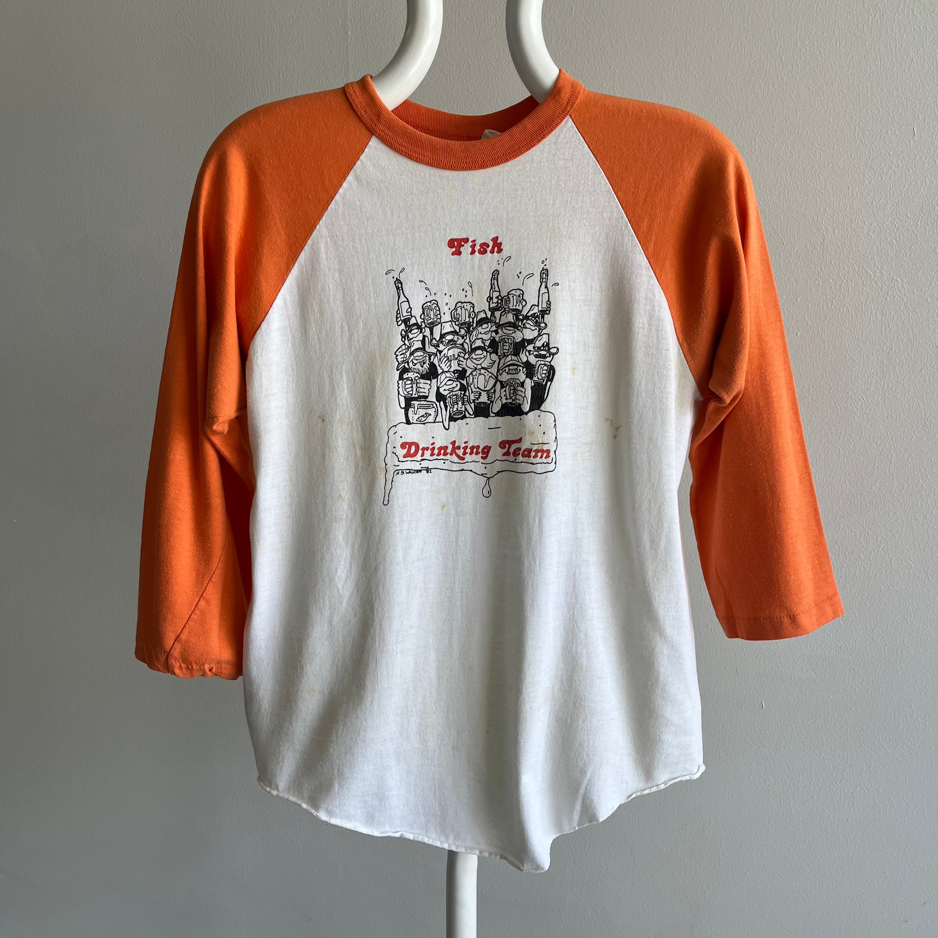 1981 Epically Stained Fish Drinking Team Baseball T-Shirt