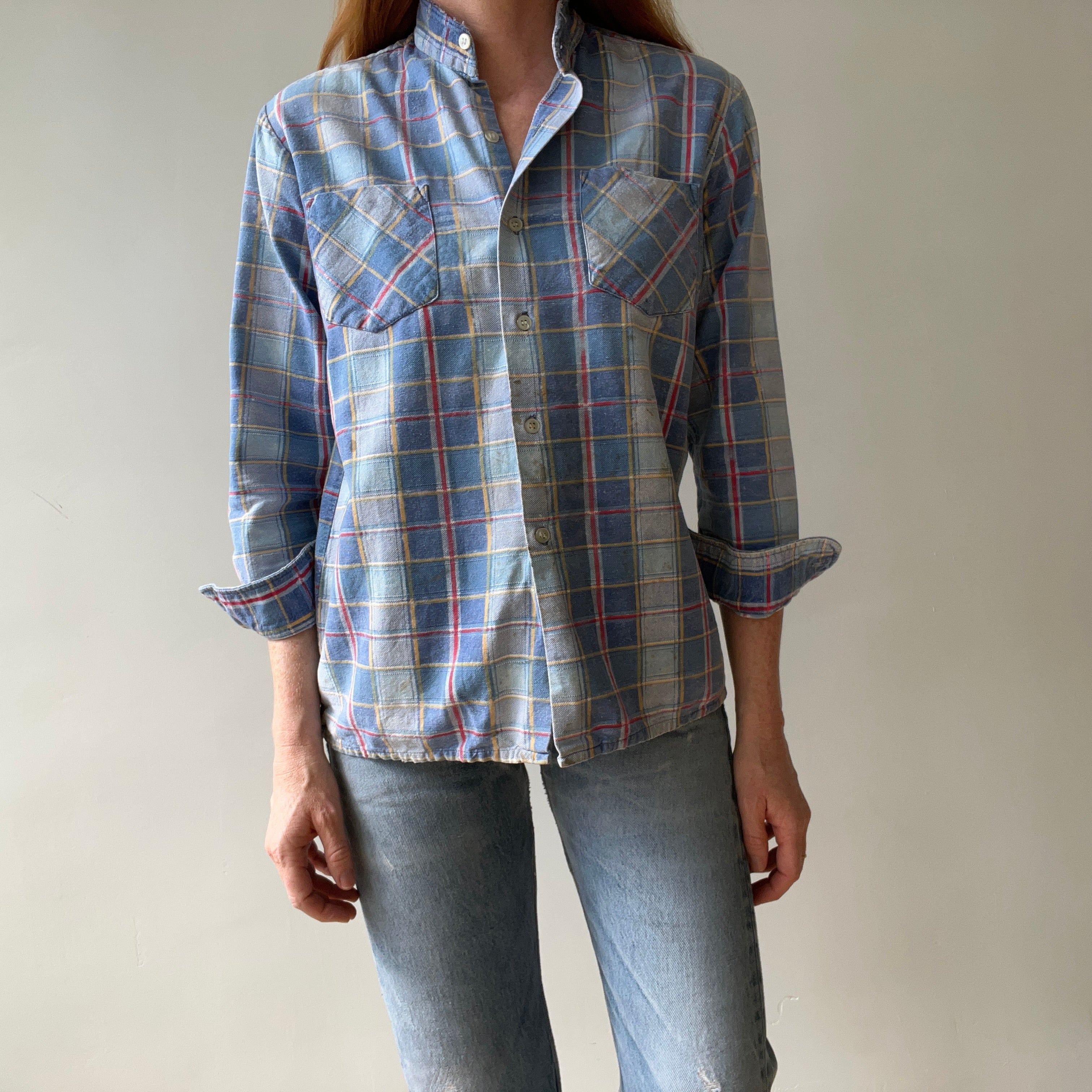 1980s Light Blue Thrashed Flannel