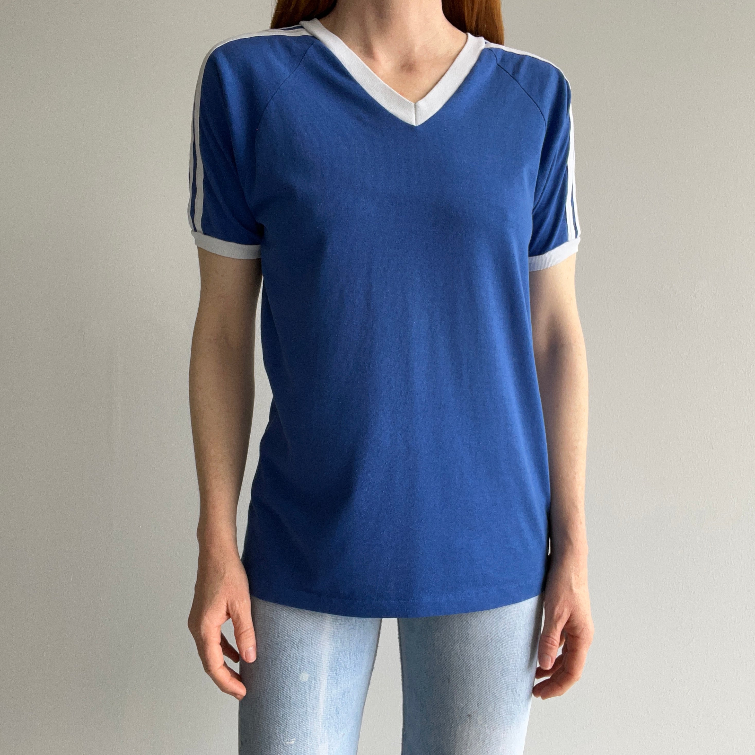 1970/80s Royal Blue and White V-Neck Triple Stripe T-Shirt