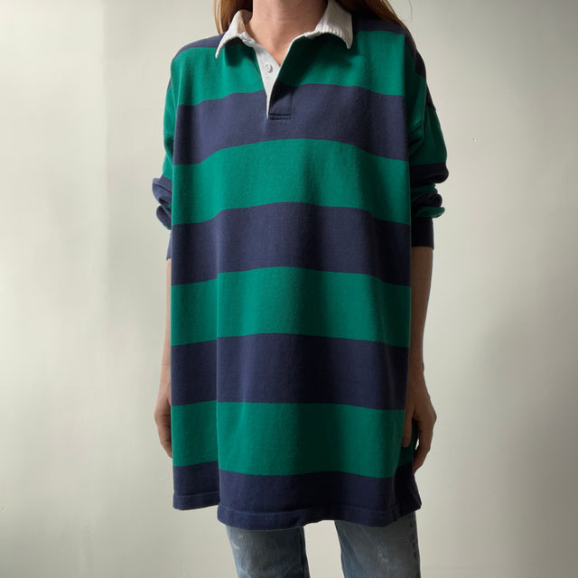 1980/90s Larger Soft and Slouchy Navy and Teal Rugby Shirt