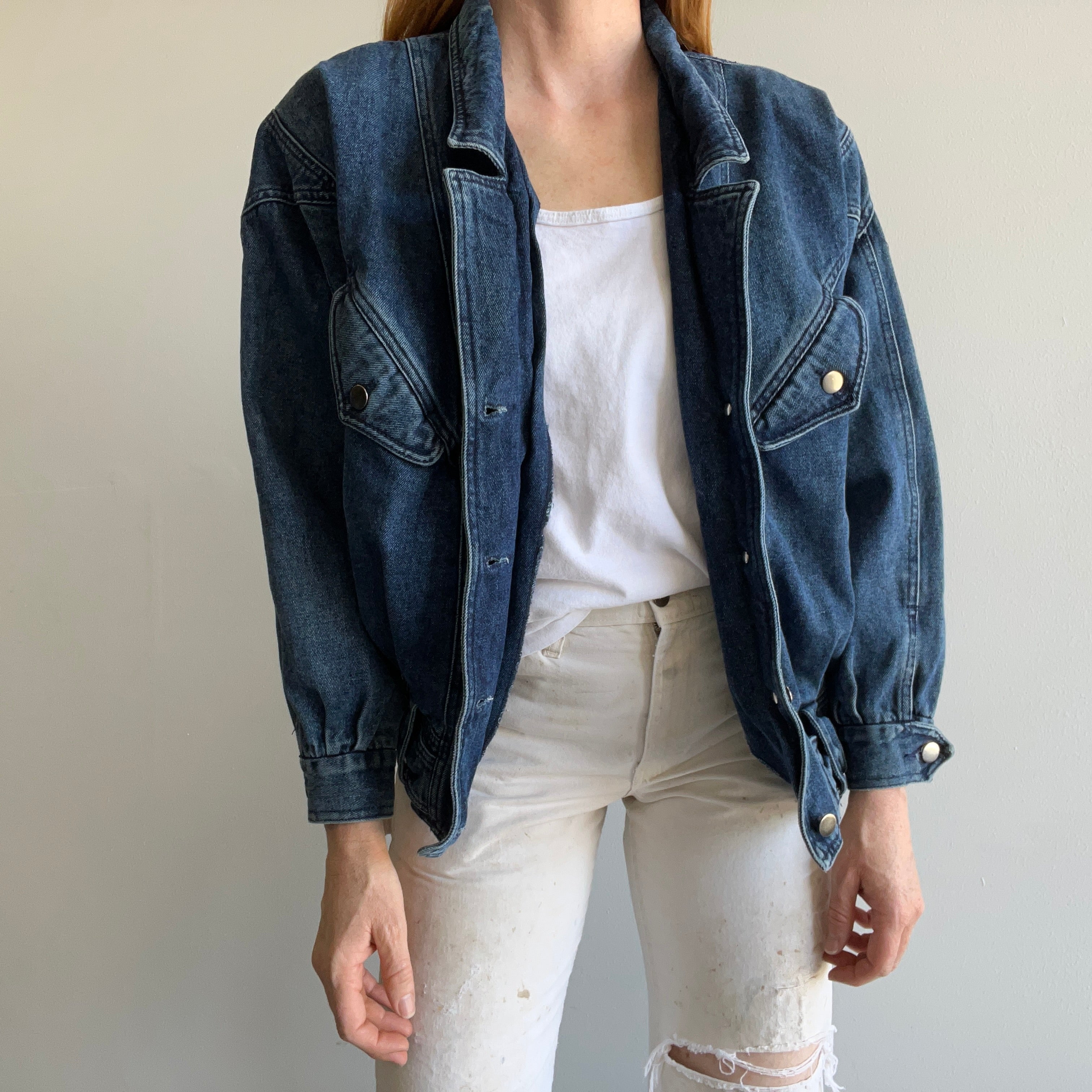 1980s Soft Denim Bomber with Shoulder Pads and Rad Detailing