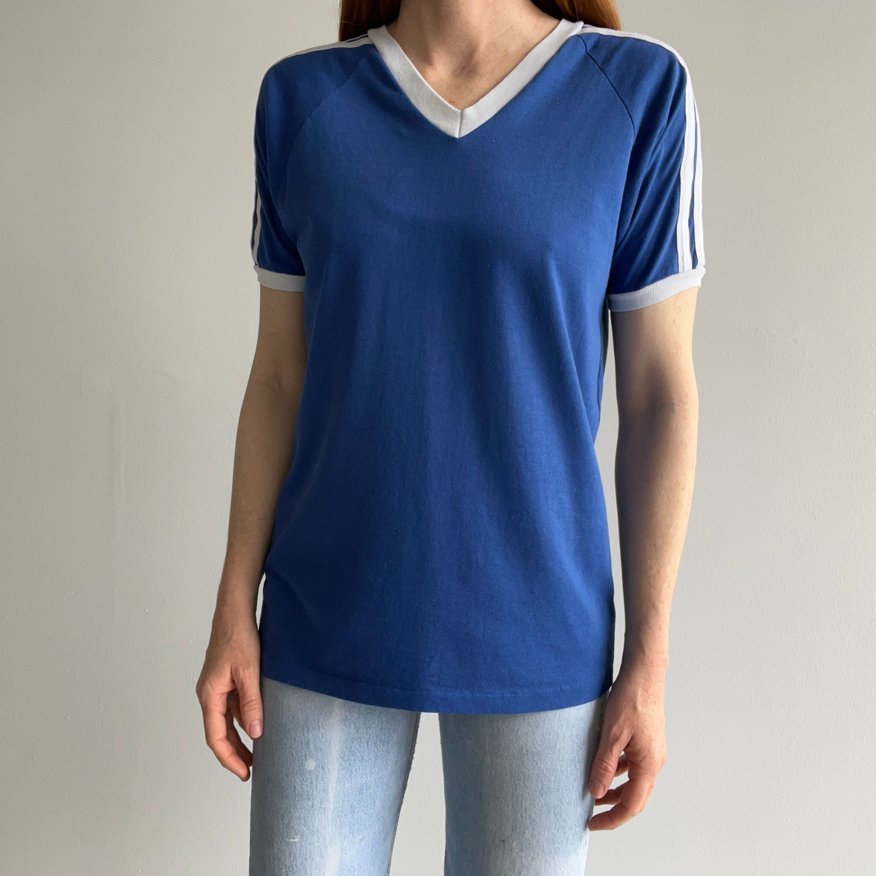 1970/80s Royal Blue and White V-Neck Triple Stripe T-Shirt