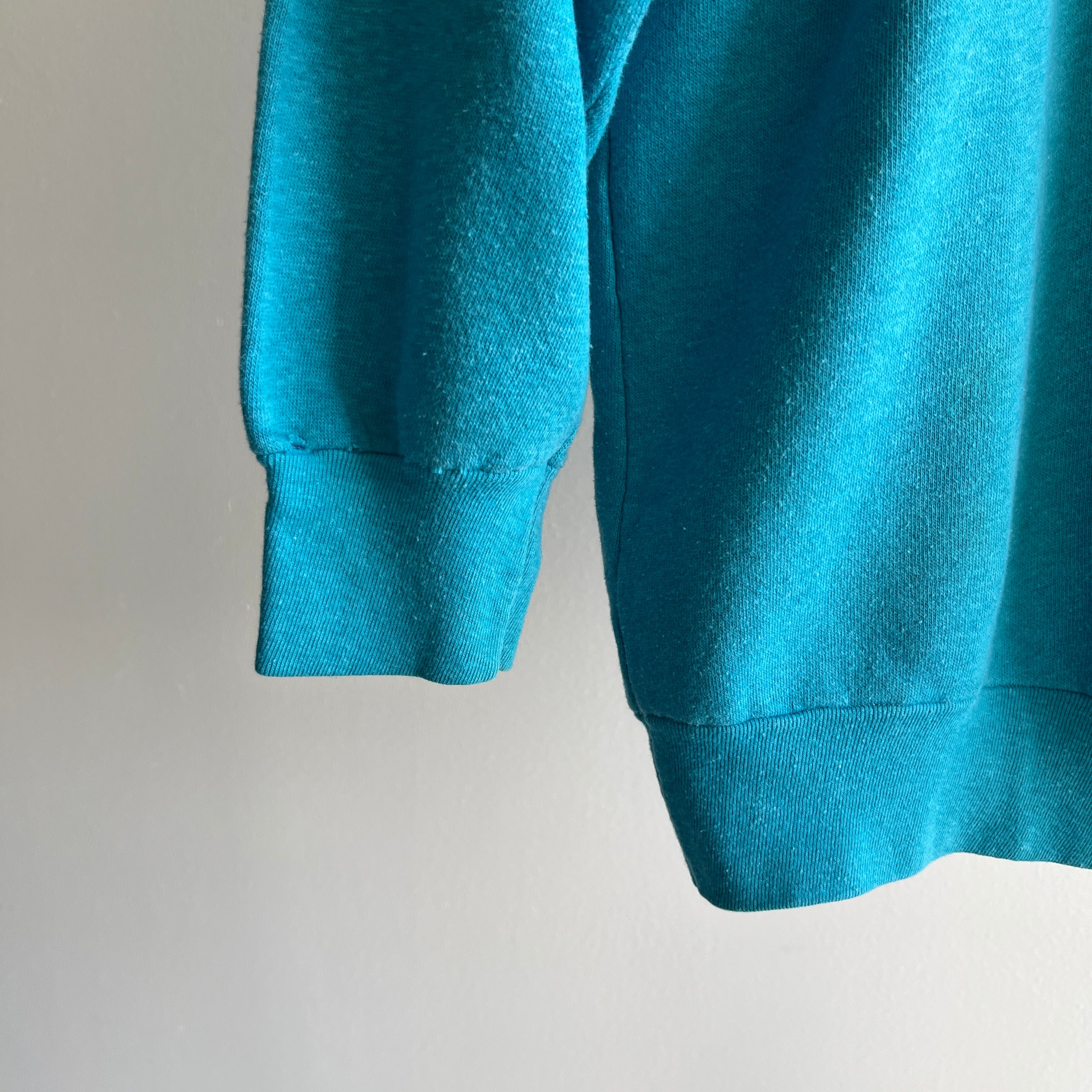 1980s Super Slouchy Teal/Turquoise Raglan with Side Seams