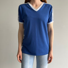 1970/80s Royal Blue and White V-Neck Triple Stripe T-Shirt