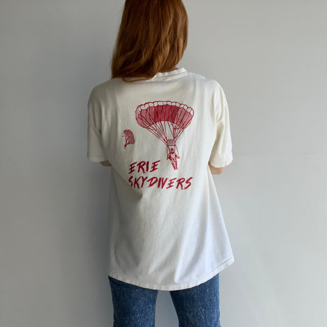 1990s Erie Skydiving Front and Back T-Shirt - Ecru From Age