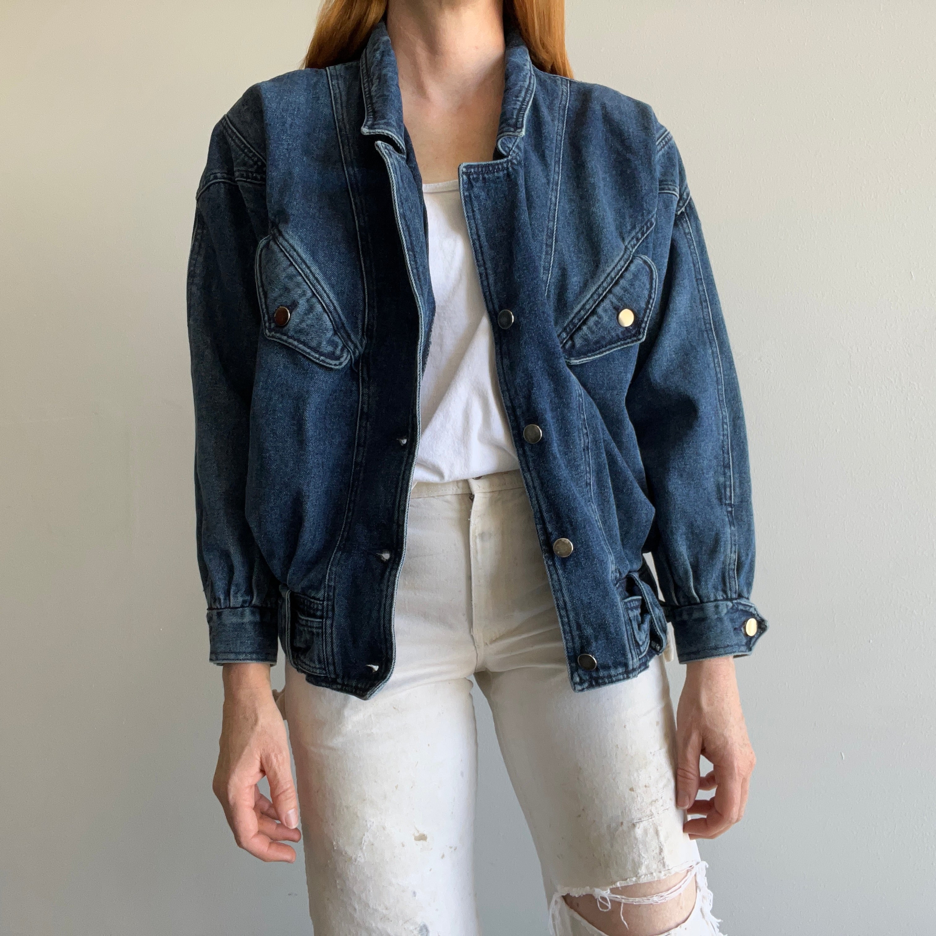 1980s Soft Denim Bomber with Shoulder Pads and Rad Detailing