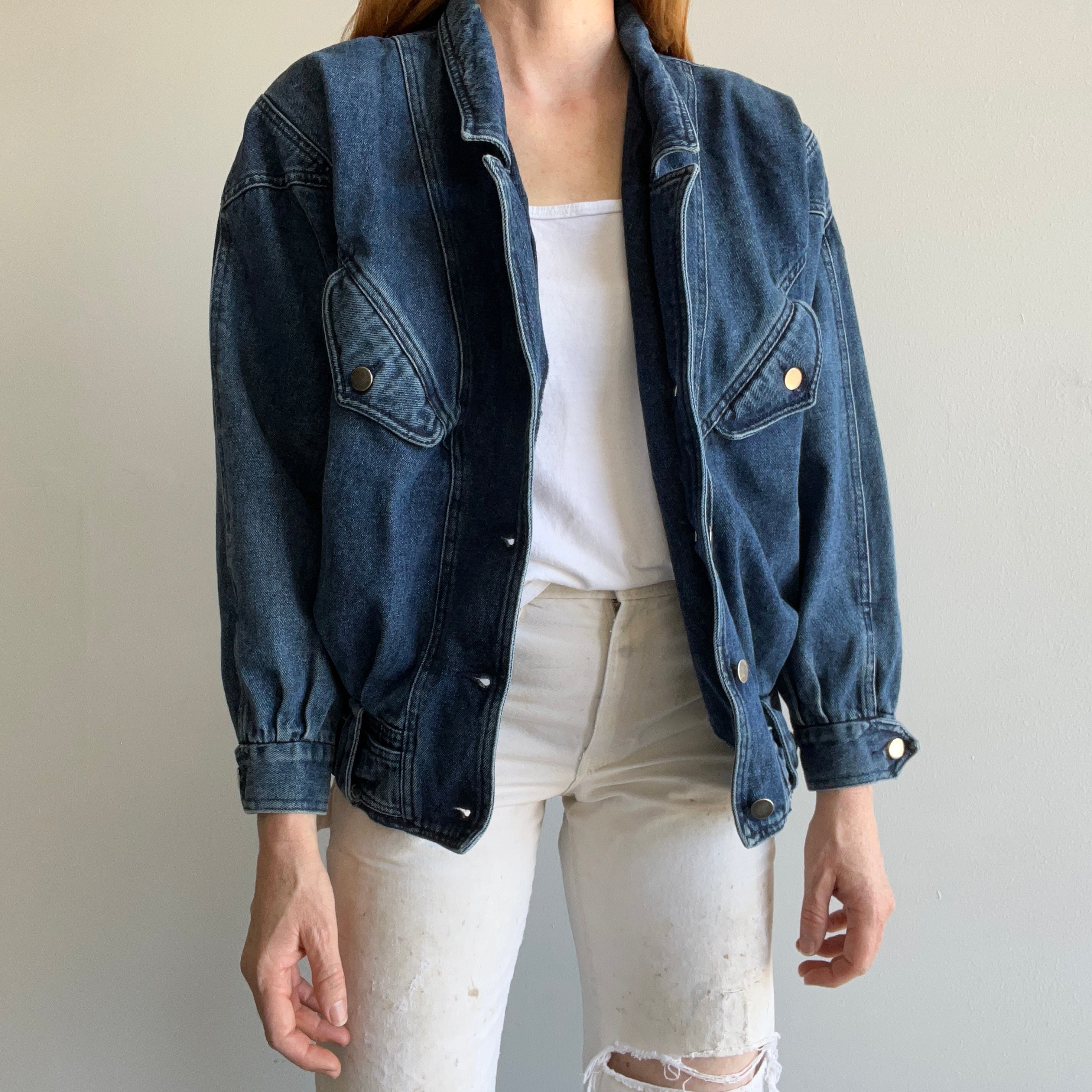 1980s Soft Denim Bomber with Shoulder Pads and Rad Detailing