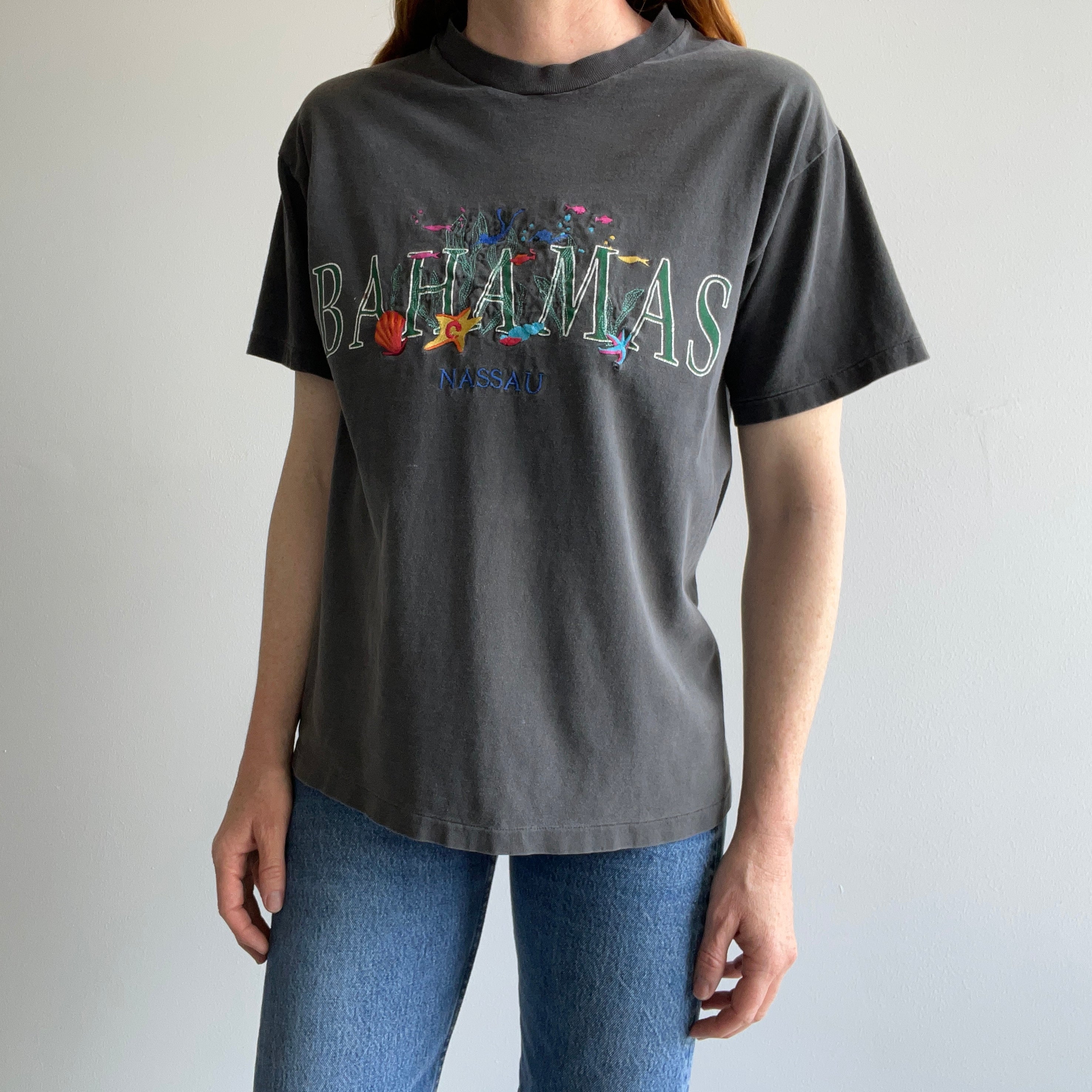 1980s Bahamas Embroidered Faded Black To Gray T-Shirt