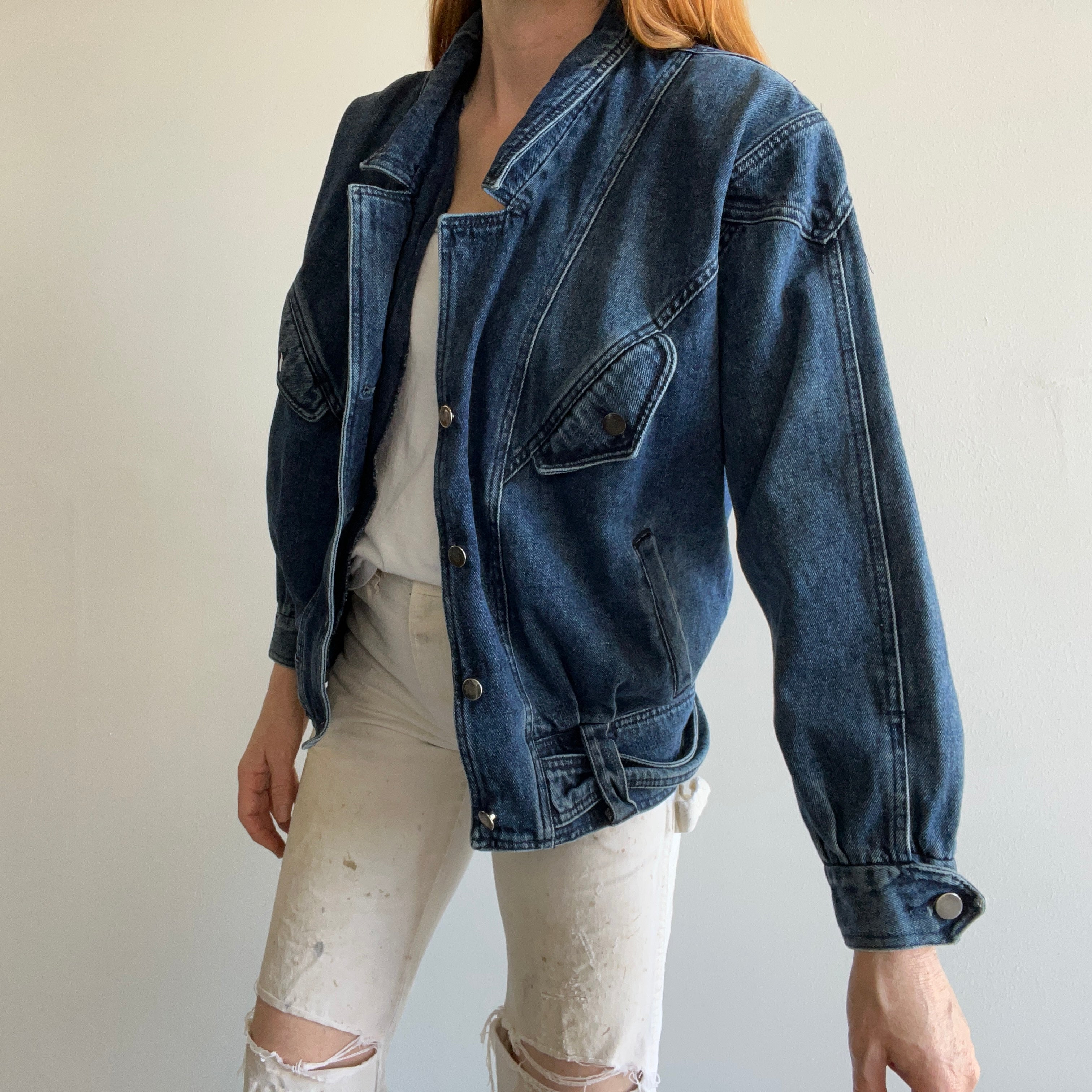 1980s Soft Denim Bomber with Shoulder Pads and Rad Detailing