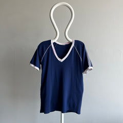 1970s Navy and White Soft Jersey Knit V-Neck Ring T-Shirt