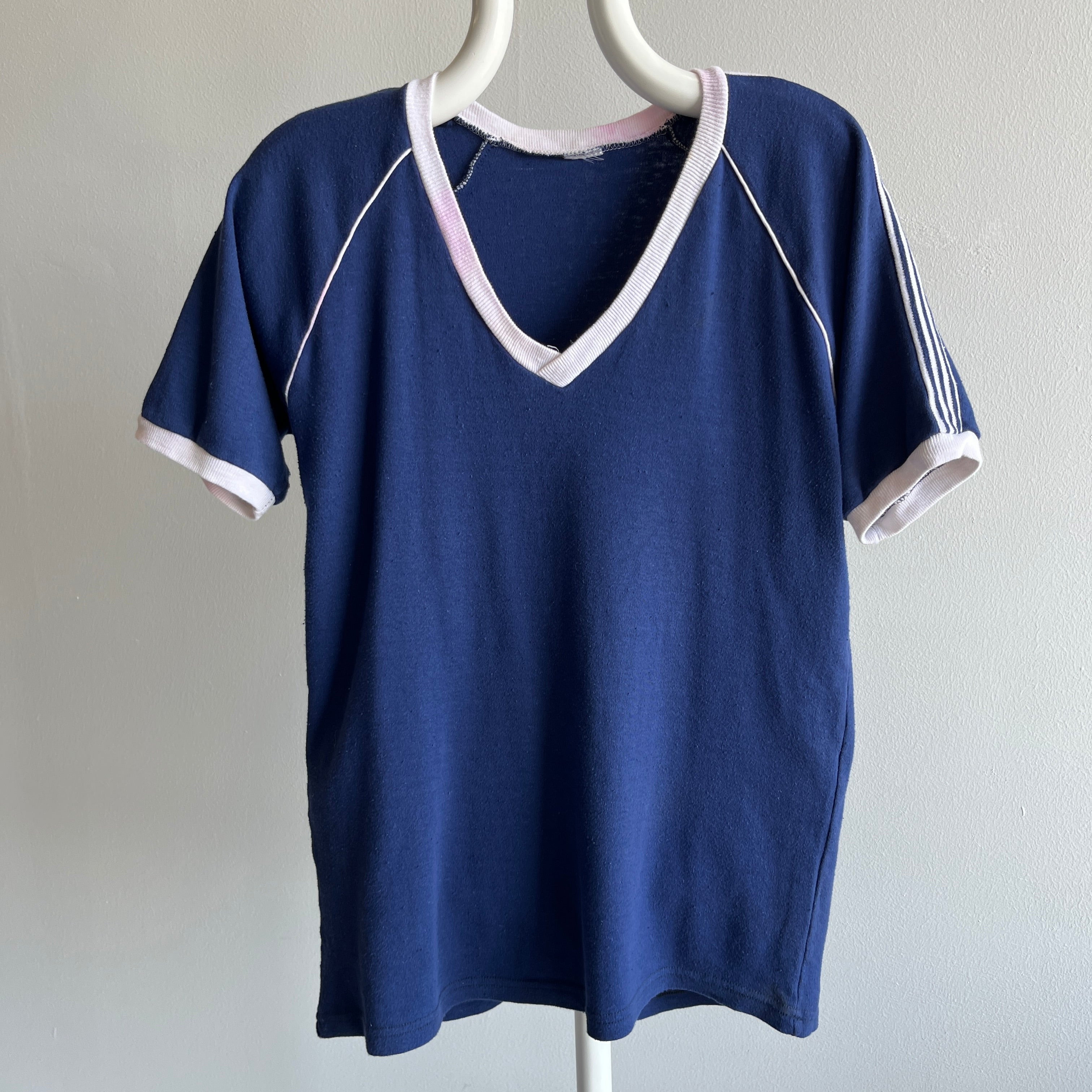 1970s Navy and White Soft Jersey Knit V-Neck Ring T-Shirt