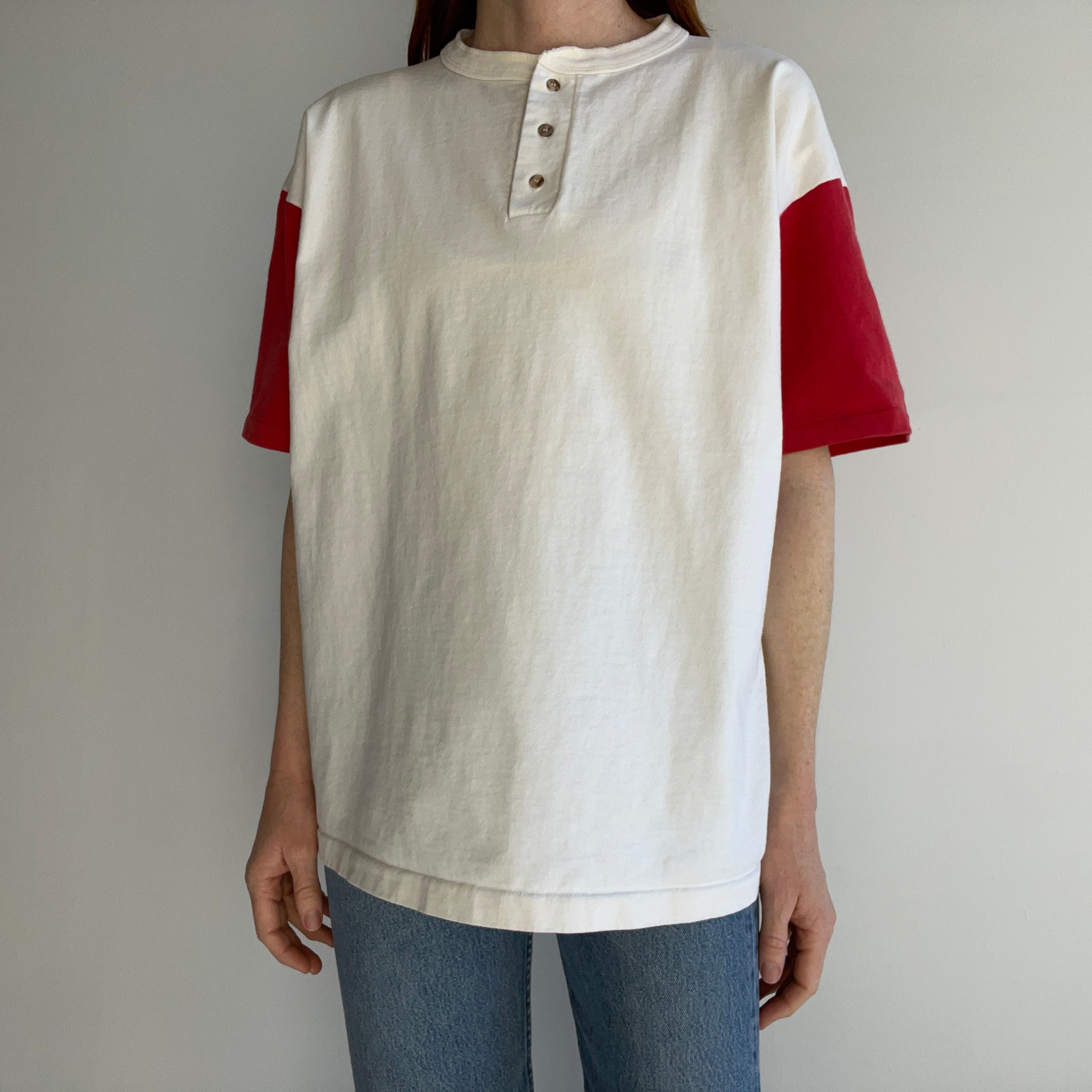 1990s Red and Off White Heavyweight Henley T-Shirt