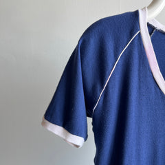 1970s Navy and White Soft Jersey Knit V-Neck Ring T-Shirt