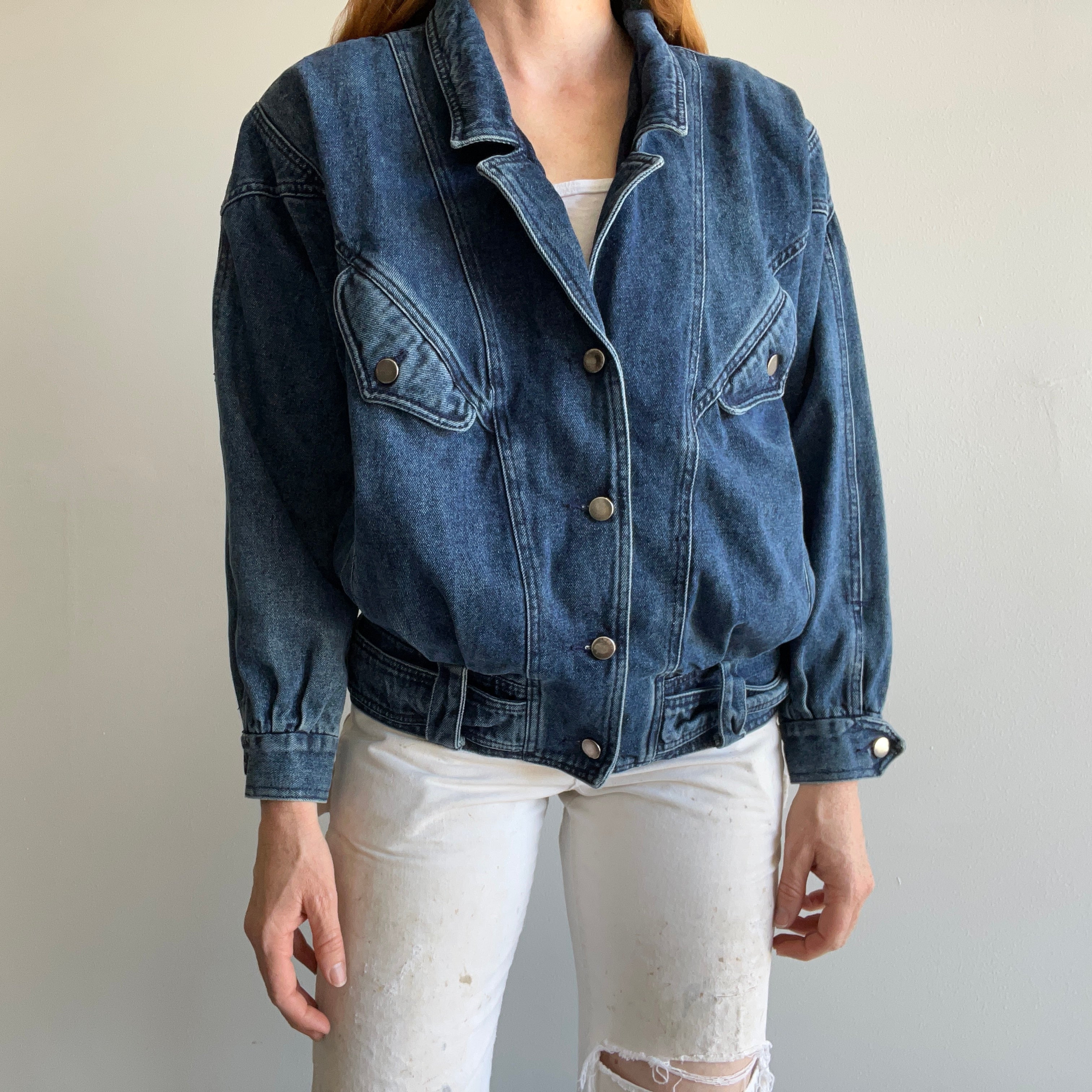 1980s Soft Denim Bomber with Shoulder Pads and Rad Detailing