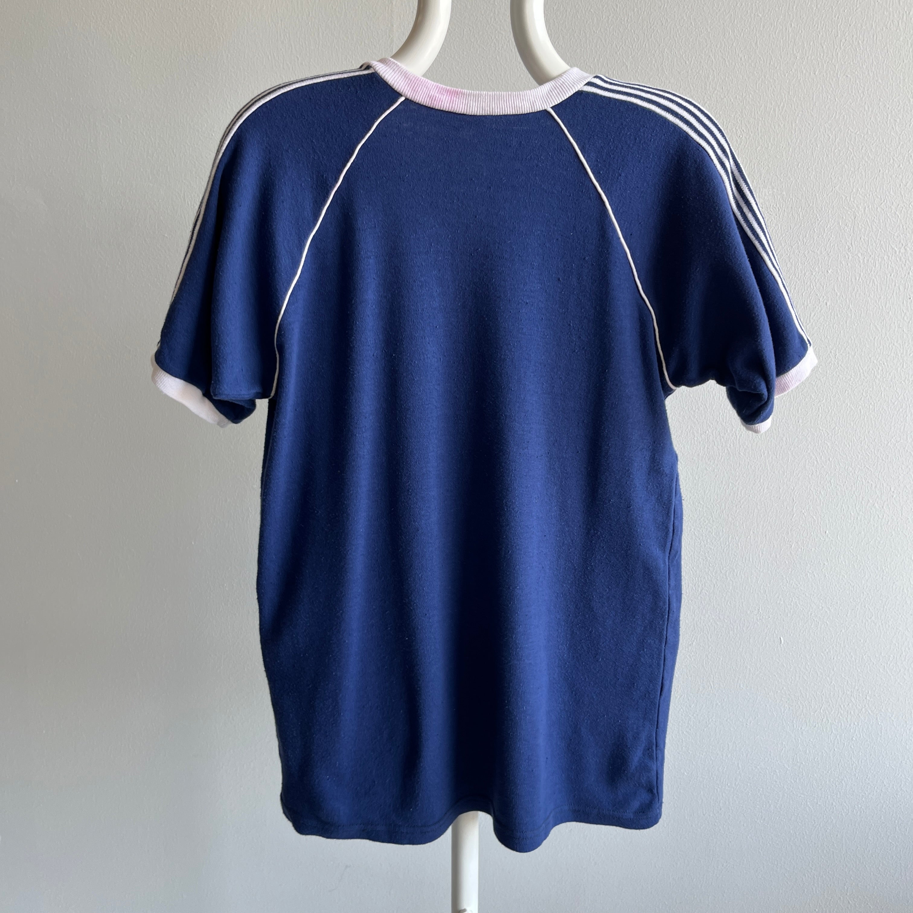 1970s Navy and White Soft Jersey Knit V-Neck Ring T-Shirt