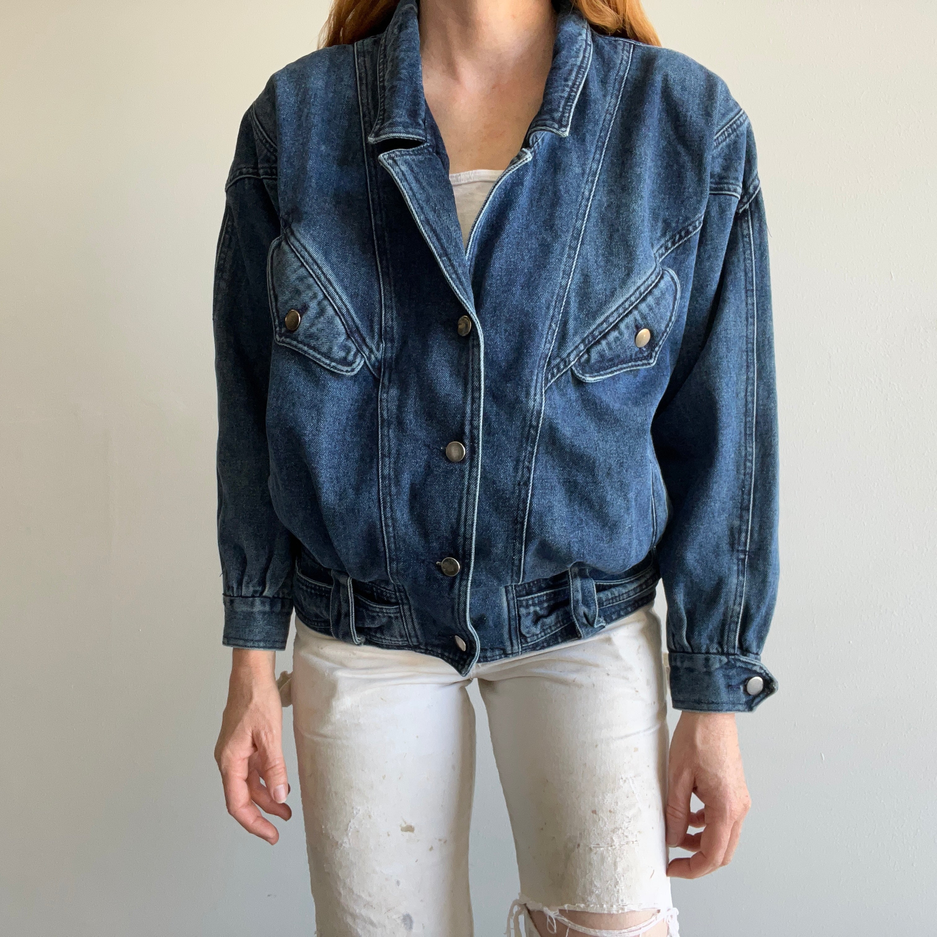 1980s Soft Denim Bomber with Shoulder Pads and Rad Detailing