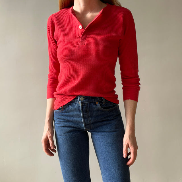 1970/80s Blank Red Waffle Henley Long Johns Shirt