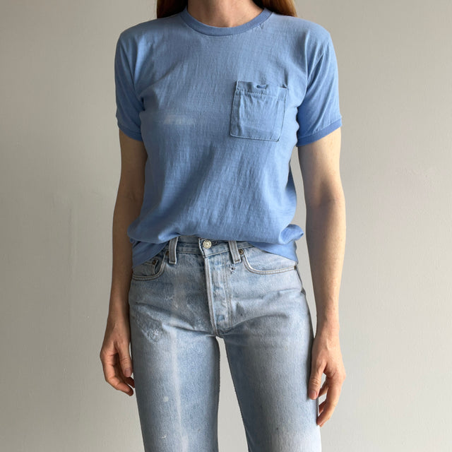 1970/80s Baby Dusty Blue Cotton Ring T-Shirt with a Great Little Pocket