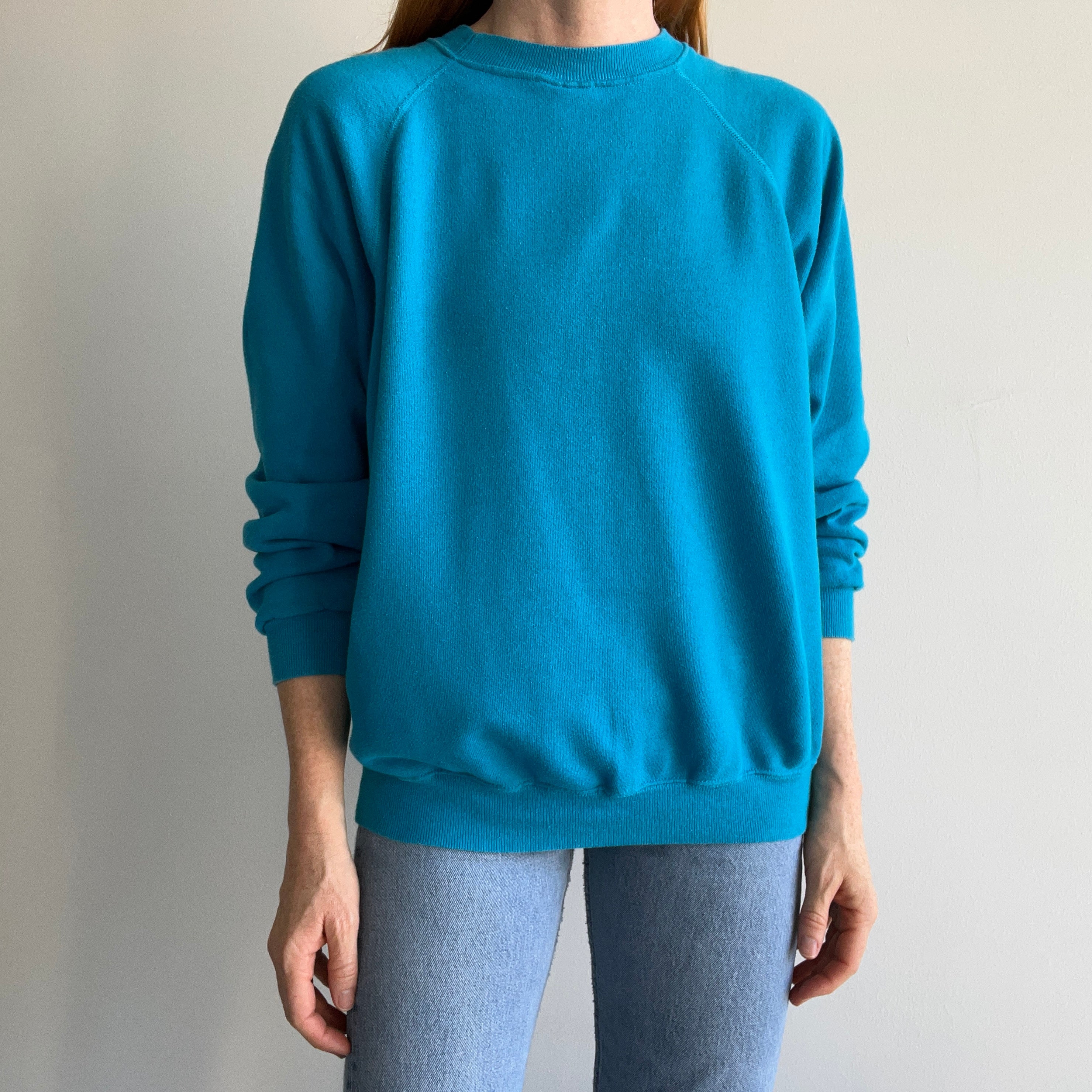 1980s Turquoise Raglan Sweatshirt of the Best Sort